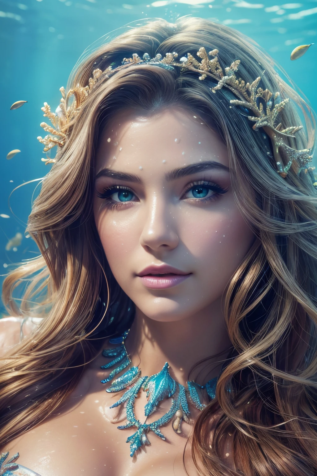 (Best Quality,hight resolution,Masterpiece:1.2),(Realistic,Photorealistic,photo-realistic:1.37),Underwater world,mermaid close up,coral reef,(Vibrants,Rich) Colors,sunlight through water,sparkling bubbles,detailed scales and (Hair,hair flows underwater),seaweed swaying,diver in the background,A peaceful,serene atmosphere,Fantasy,dream-like,ethereal, Makeup artists do makeup for celebrities,(Masterpiece:1.2), Best Quality, Masterpiece, hight resolution, Original, extremely detailed wallpaper, perfect lighting,(extremely detailed CGI:1.2),