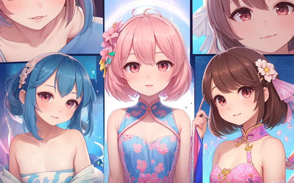 posterior view, (flatchest), Dentate skin, (12year old), Fashion trendy beautiful pretty girl, Gentle and charming beautiful Chinese girl, 10years old, delicate and sexy collarbones, Charming goose egg face, 二重まぶた, Clever peach blossom eyes, redish pink lips, small-nose, exposed bare shoulders, Focus on the face, close-up face, hyper HD, ultraclear, fully body photo, Ultra-thin light transmission, sweet and playful upper body, ssee-through