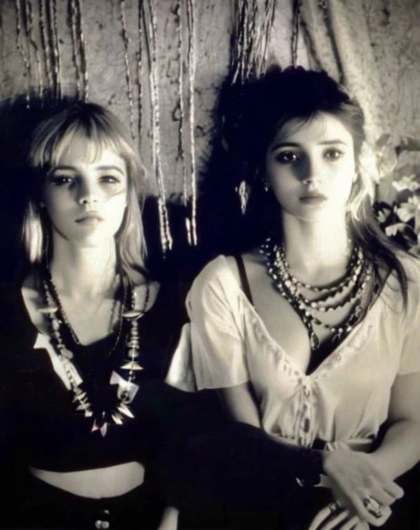 dos mujeres sentadas una al lado de la otra frente a una cortina, por Derek Jarman, inspirado en Derek Jarman, por Lee Loughridge, inspirado en Kati Horna, inspirado por Nan Goldin, Cinemática Diane Arbus, Aurora Aksnes y Zoë Kravitz, Vestido.1990's, warpaint aesthetic, Liepke, film still