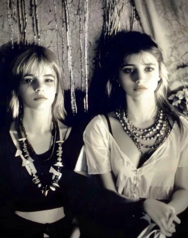 dos mujeres sentadas una al lado de la otra frente a una cortina, por Derek Jarman, inspirado en Derek Jarman, por Lee Loughridge, inspirado en Kati Horna, inspirado por Nan Goldin, Cinemática Diane Arbus, Aurora Aksnes y Zoë Kravitz, Vestido.1990's, warpaint aesthetic, Liepke, film still