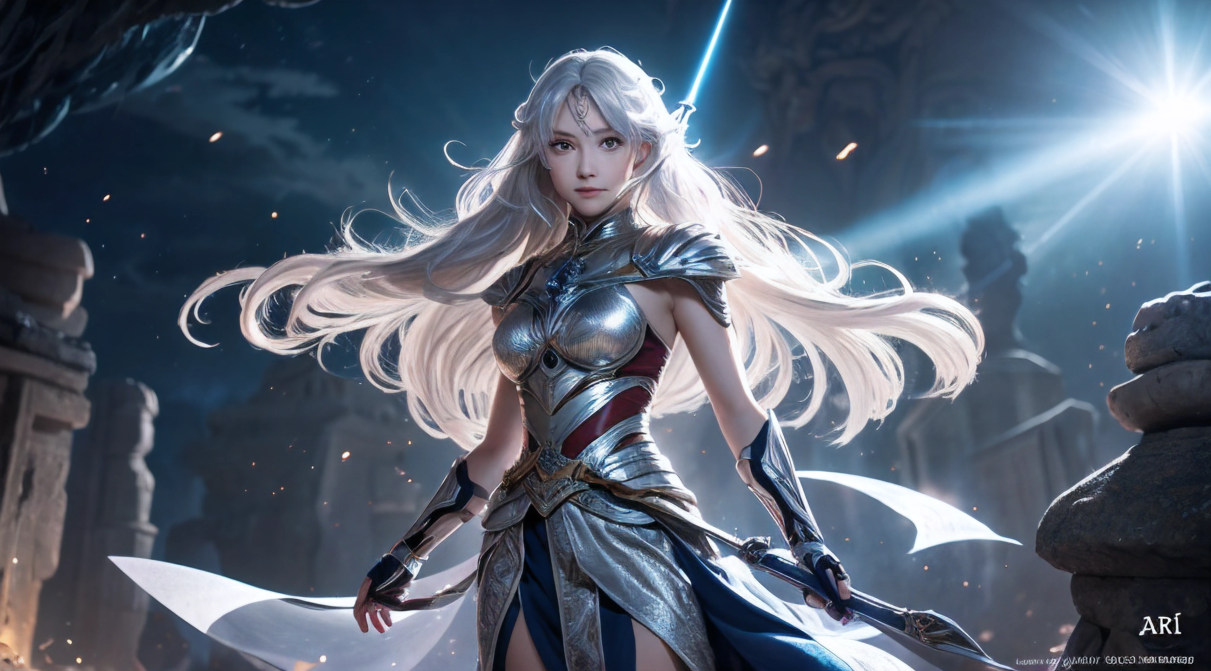 Stunningly beautiful anime girl with flowing silver hair, Exudes an aura of strength and determination, He has a shining sword in his hand. she is tall and proud, Embodying the essence of a true hero. Intricate details in her design bring her to life, Every strand of hair and fold of clothing、Made with the utmost care。. The lighting of the scene emphasizes her features, Casts gentle shadows to add depth to characters. This high resolution illustration、Represents the spirit of courage and adventure。, Showing the power and grace of a silver-haired warrior.  --ar1:1--V 5