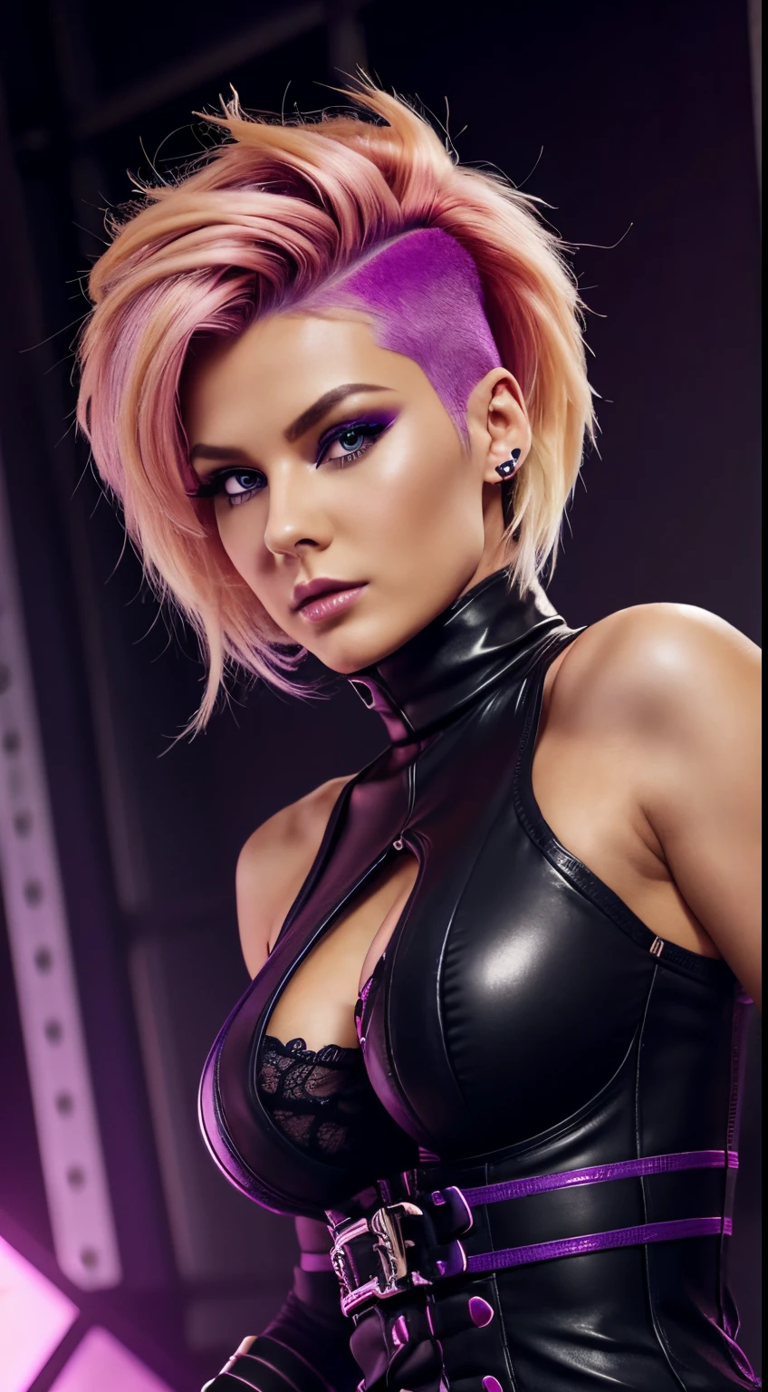 Cyber punk, swedish, purple, blond, mohawk, uneven bob hair, tight short turtle neck shirt, high heels, big boobs, firm, heavy makeup, flirting, lace, nsfw, intricent details, red, happy