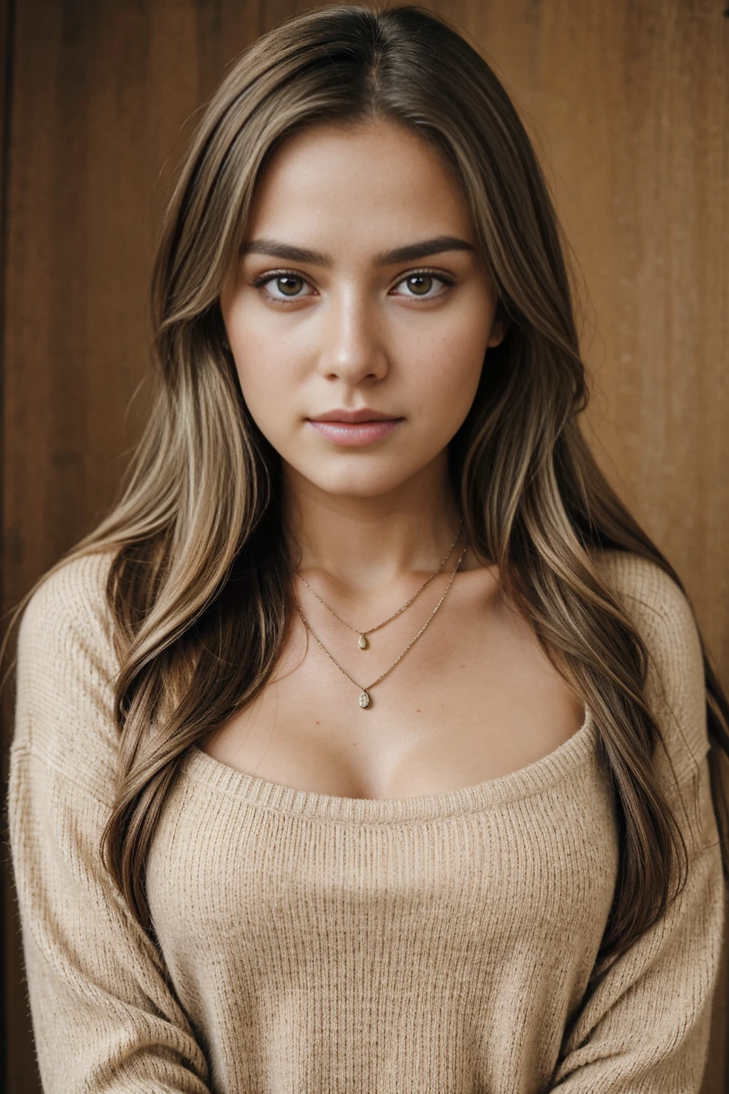 1 garota em, 19 anos, Sozinho, cabelo longo, Colossal , olhando para o espectador, cabelo loiro, Ombros nus, olhos castanhos, jewelry, corpo todo, um colar, fora dos ombros, Sweaters, realista, Uma sexy