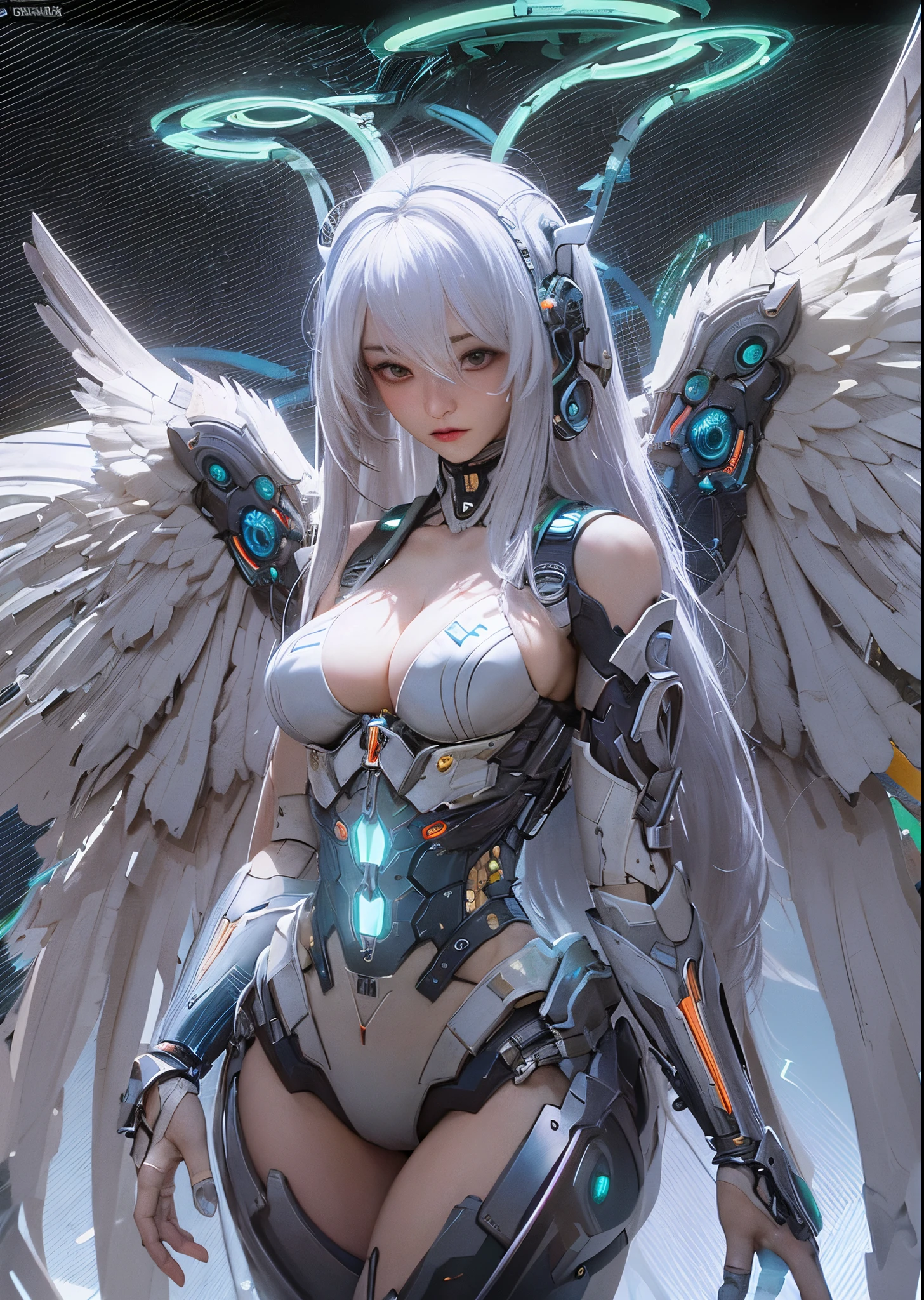 top-quality、masterpiece、超A high resolution、(Photorealsitic:1.4)、Raw photo、Cyborg Angel、large wings made of metal、White porcelain body、white hair、glowy skin、1 Cyborg Girl、((super realistic details))、portlate、globalillumination、Shadow、octan render、8K、ultrasharp、character edge light,Colossal tits、Raw skin is exposed in cleavage、Details of complex ornaments、Acrylic Clear Parts Cover、Detailed hydraulic cylinders from Sumer、Small LED lamp、highly intricate detail、Realistic light、a purple eye、radiant eyes、Facing the camera、neon details、cowboy shot、Futuristic headgear、About Cyberpunk、、