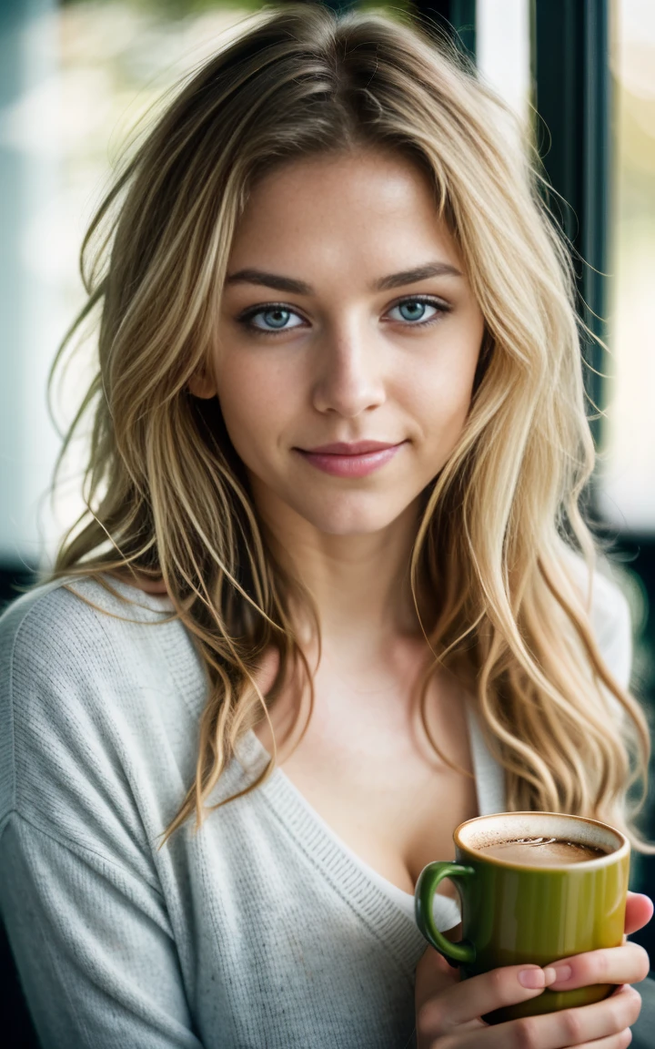 (((watercolour))), (Helena Lovista) photo of a stunning beautiful woman, 24 years old, perfect fit body, big green eyes, long messy windy blonde hair, green eyes, beautiful blonde wearing beige sweater (sipping coffee inside a modern café at sunset), very detailed, 24 years old, innocent face, natural wavy hair, green eyes, high resolution, masterpiece, best quality, intricate details, highly detailed, sharp focus, detailed skin, realistic skin texture, texture, detailed eyes, professional, 4k, charming smile, shot on Canon, 85mm, shallow depth of field, kodak vision color, perfect fit body, extremely detailed, foto_\(ultra\), photorealistic, realistic, post-processing, maximum detail, roughness, real life, ultra realistic, photorealism, photography, 8k uhd, photography ,hair ribbons, by agnes cecile, half body portrait, extremely luminous bright design, pastel colours, (ink:1.3), autumn lights