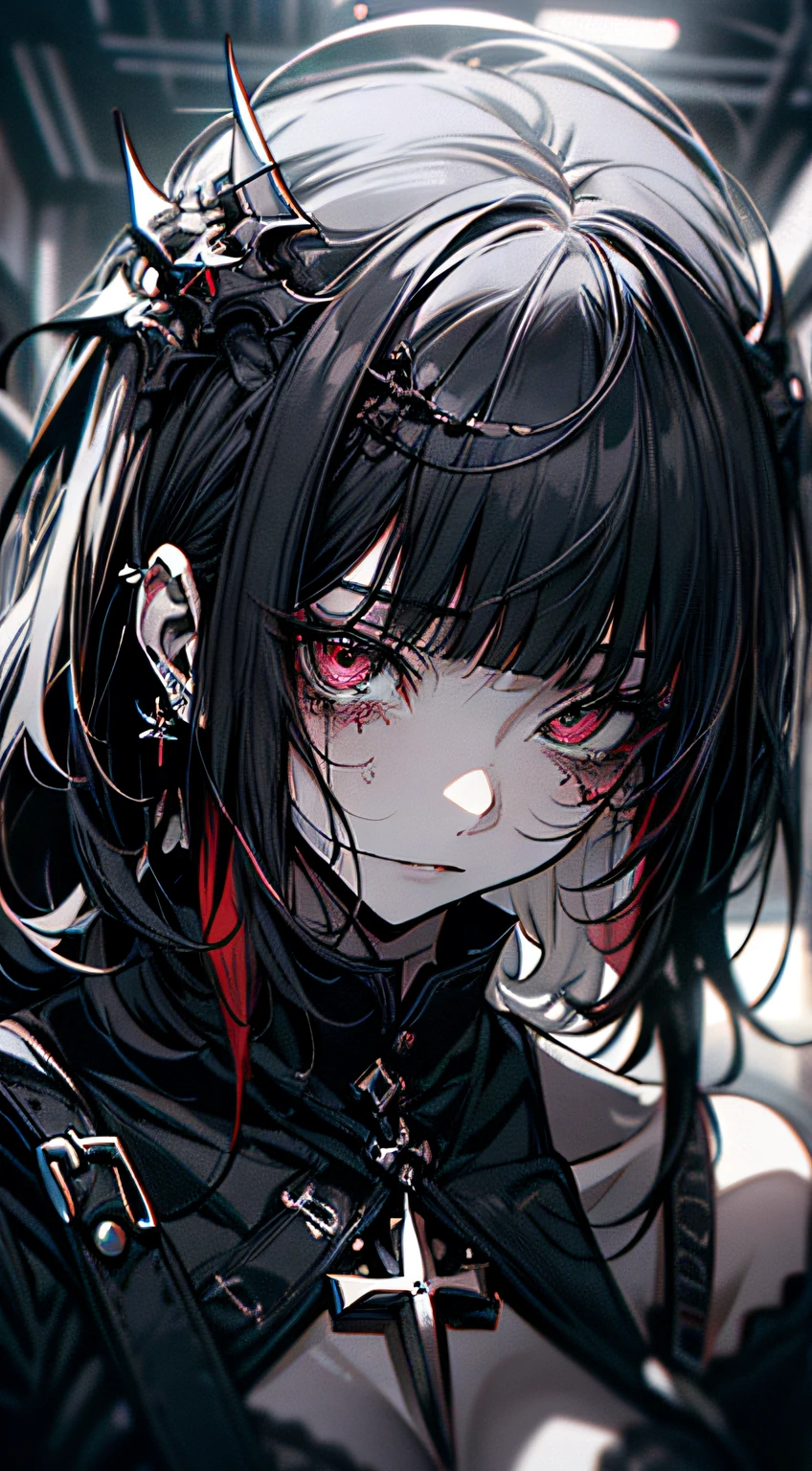 Tears of blood from the eyes、dead body、Blood everywhere、blood splashing、dark hue、Red hue、Cross-eyed、Stranger、View other people、Ahegao , Silly,Sexual ecstasy,Drunken eyes,Blunt bangs, Black hair, (finely detailed beautiful eye: 1.2), (Detailed background,Dark Fantasy), (beautifull detailed face), High contrast, (Best Illumination, extremely delicate and beautiful), ((Cinematic Light)), Colorful, Hyper Detail, Dramatic light,