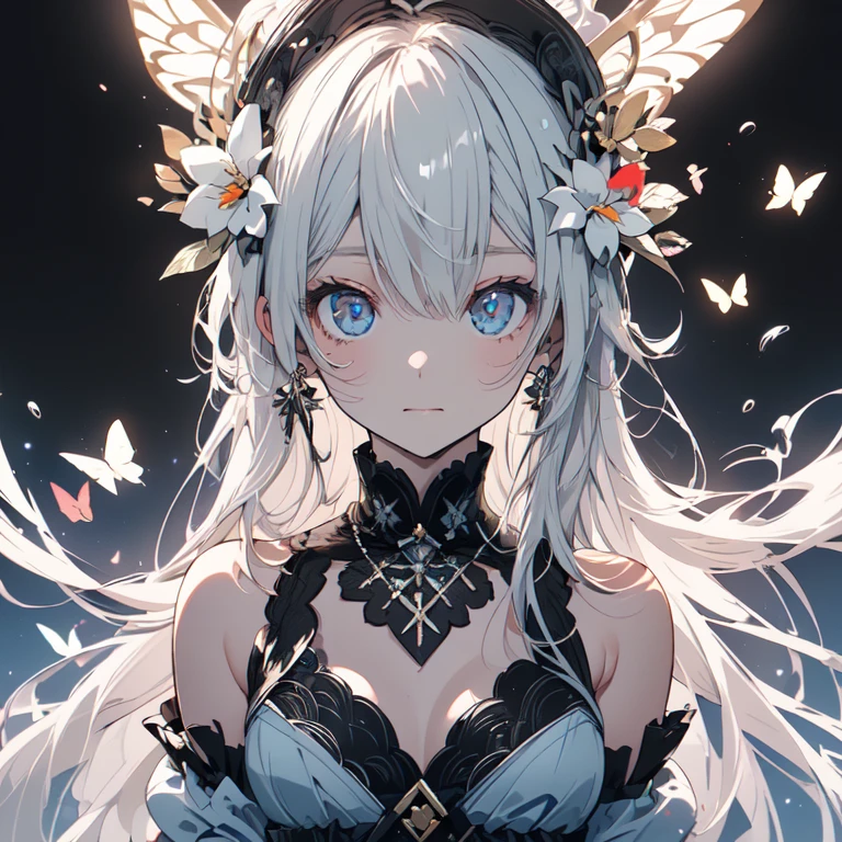 ((masterpiece、top-quality:1.5、a high chroma:1.5、ultra-detailliert、high-resolution illustrations:1.5、Ultra-high-definition CG、8k size wallpaper、offcial art))、(2girls、twin princess sisters),(yuri),(cute face:1.5)、(clear face:1.3),(Shining eyes:1.5)
((black-only color schemeドレス:1.5)), ((white-only color schemeドレス:1.5)),(sexy body),(One is only black and the other is only white),(gypsy dress in contrasting colors),(), ((medium breasts))、
,(The background is a triple structure of bright colors, flowers of various colors, butterflies, and a pentagram,)、midjourney