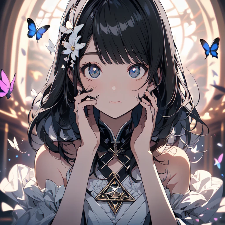 ((​masterpiece、top-quality:1.5、a high chroma:1.5、ultra-detailliert、high-resolution illustrations:1.5、Ultra-high-definition CG、8k size wallpaper、offcial art))、(2girls、twin princess sisters),(yuri),(cute face:1.5)、(clear face:1.3),(Shining eyes:1.5)
 ((black-only color schemeドレス:1.5)), ((white-only color schemeドレス:1.5)),(sexy body),(One is only black and the other is only white),(gypsy dress in contrasting colors),(), ((medium breasts))、
,(The background is a triple structure of bright colors, flowers of various colors, butterflies, and a pentagram,)、midjourney