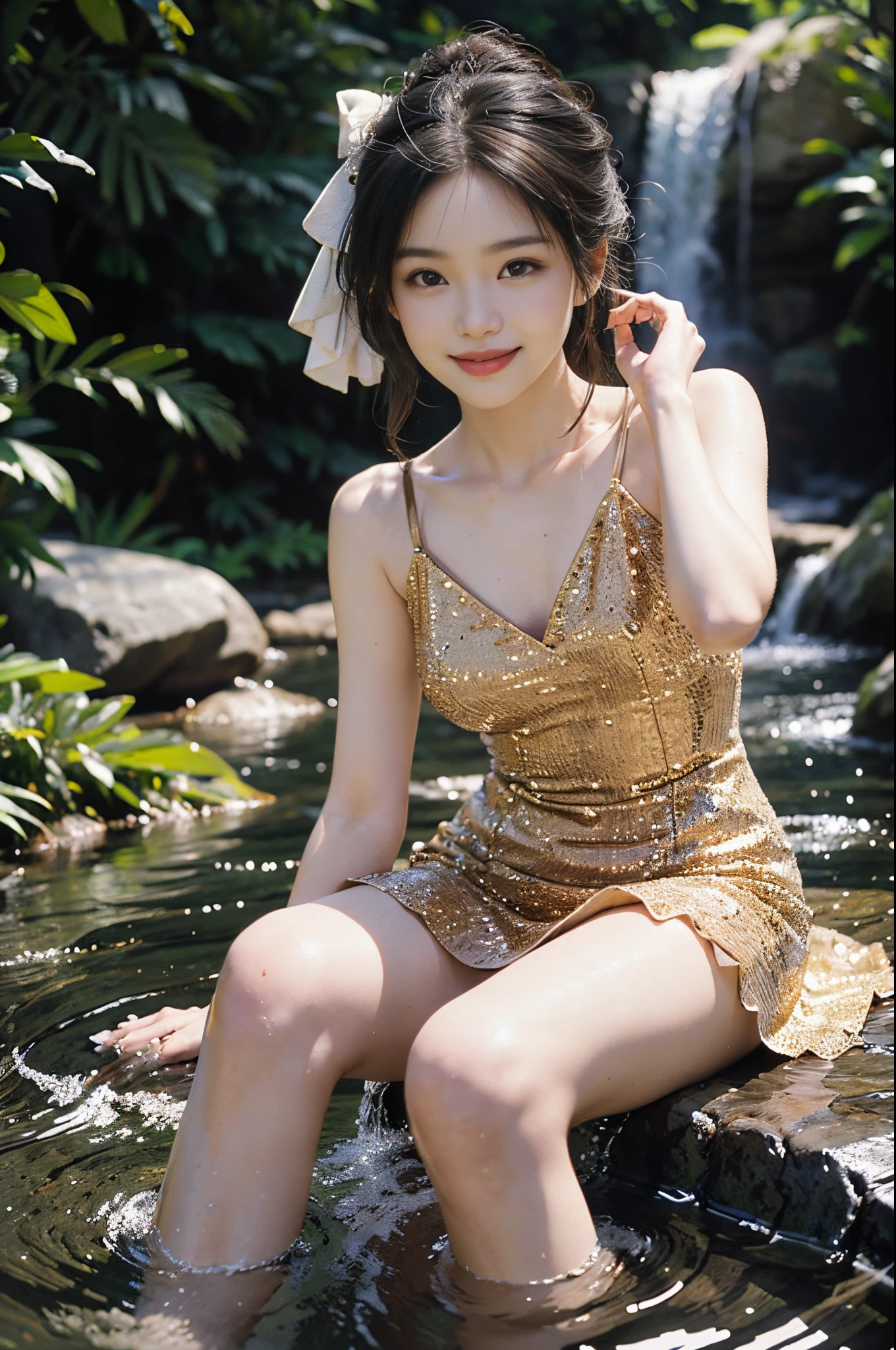 A beautiful Chinese girl, 18 years old, bathing in a river, In the middle of the forest, Siberian tigers viewed from a distance, Sad, clockpunk, Player core, street level view, blender render, 100mm, Escultura, Iridescent colors, medicalcore, strobe lighting, Ultra photo realsisim, Photorealistic, rendering by octane, illusory engine, ultra - detailed, voluminetric lighting, hdr, rendering by octane, Fantasy 4K 8K