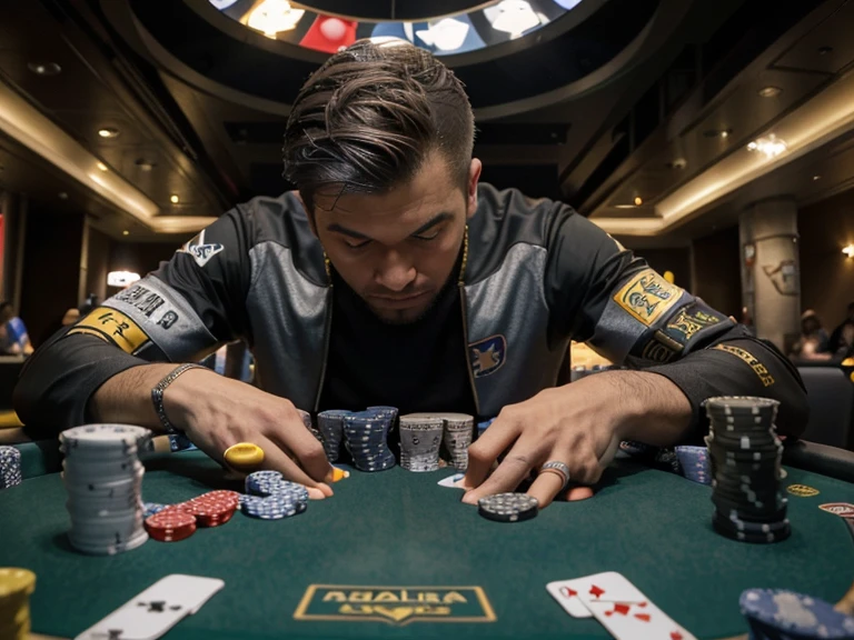 A professional poker player, sitting on a poker table at the world series of poker. Big poker chips stack slightly on his left, sorted by collors (blue,silver, golden yellow, gray, black and a few purple). In front of him are two cards and five others, not facing the camera. The composition is epic! Ultra high definition, best quality possible.