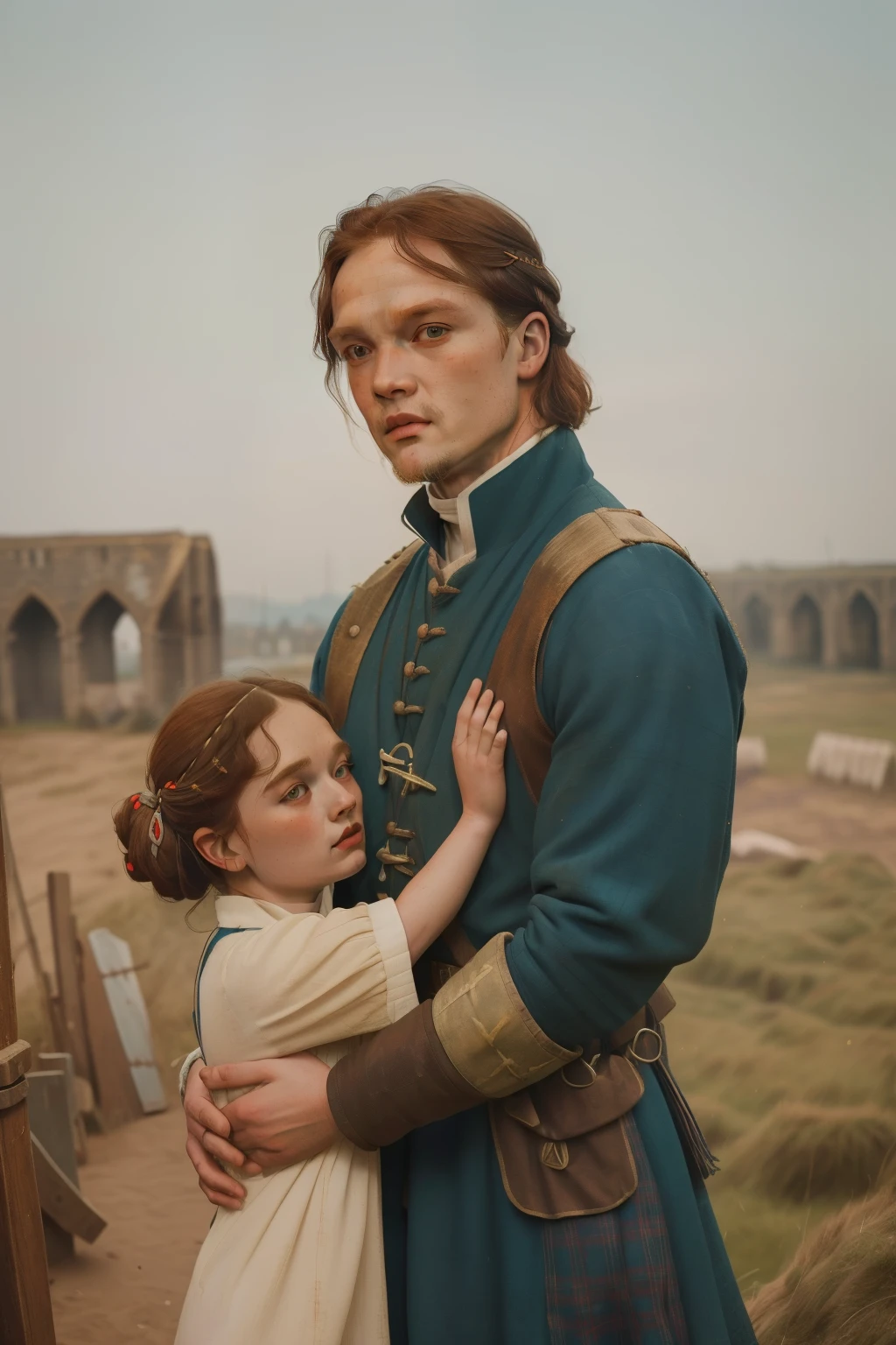 1135, England. scene with an otherworldly outdoors construction site, (((36-year-old Sam Heughan))), hugging a little girl, look of relief, ((((poor tunic from the 12th century)))), ((Hairstyle of the 12th century)), ((Wes Anderson cinematic style)), colorful