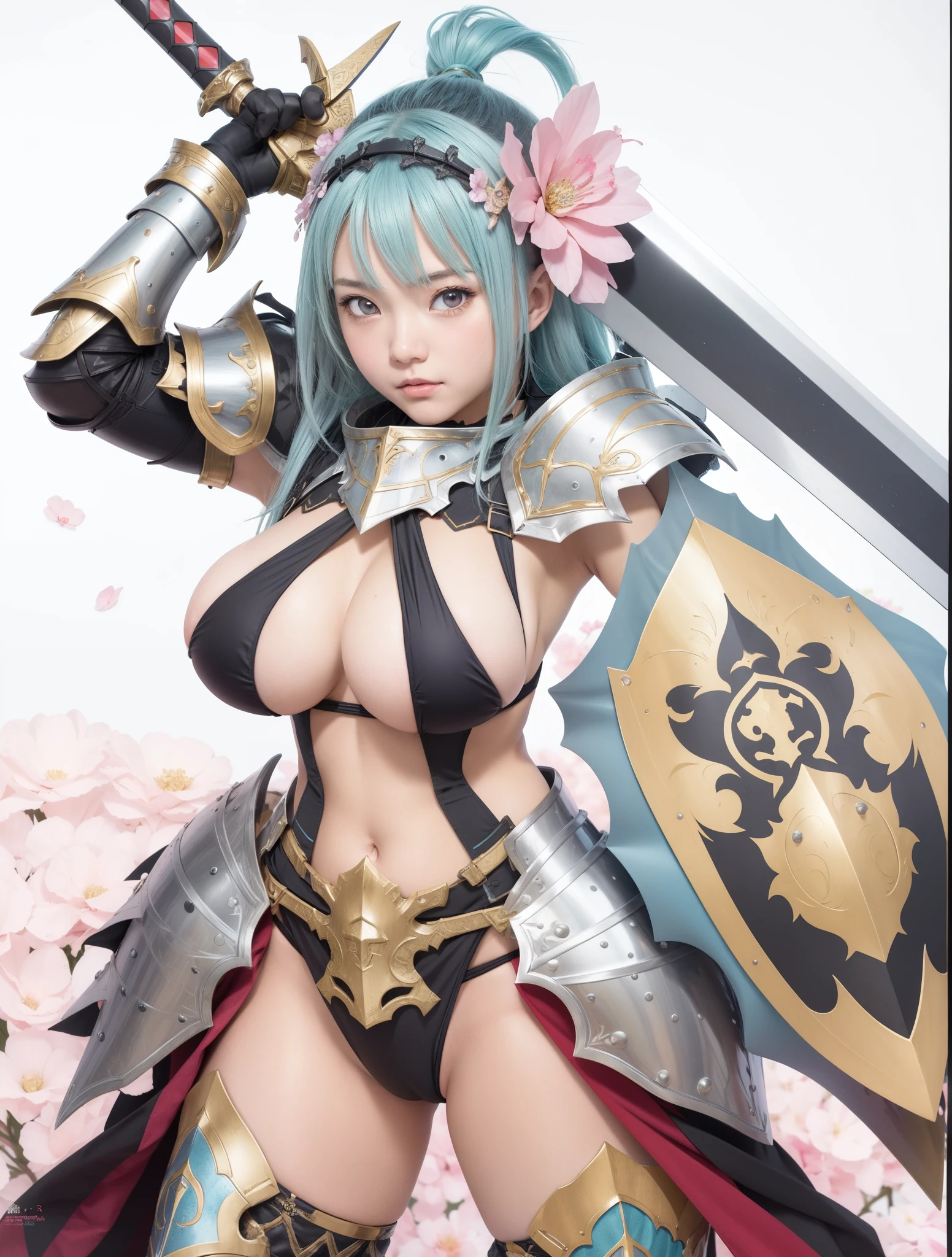 Anime girl with sword and armor posing for camera, armor girl, bikini armor female knight, Bikini Armor, bikini-armor, ornate bikini armor, high detailed official artwork, aqua from konosuba, with large sword, cushart krenz key art feminine, Ayaka Genshin Impact, bikini-armor, thick armor, a very beautiful berserker woman