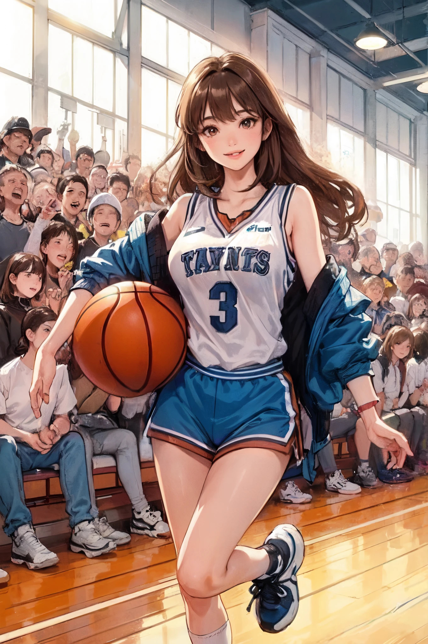 1lady solo, /(basketball uniform/), mature female, /(light brown hair/) bangs, kind smile, (masterpiece best quality:1.2) delicate illustration ultra-detailed, large breasts BREAK /(civic gymnasium/) indoors