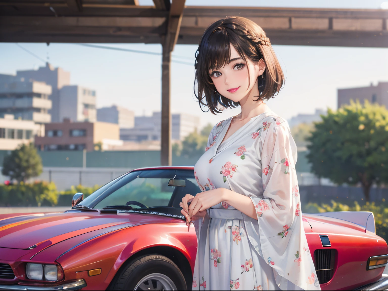127
(a 20 yo woman,is standing), (A hyper-realistic), (high-level image quality), ((beautiful hairstyle 46)), ((short-hair:1.46)), (Gentle smile), (breasted:1.1), (lipsticks), (florals), (Large garage), (Depth of field is deep), (classic car)