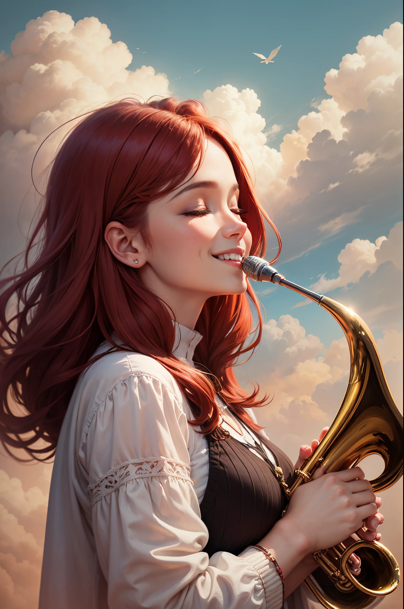 red-hair woman above the clouds, close eyes and smiling, holding an trumpet in her hands --auto --s2