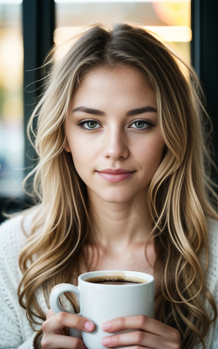 (((watercolour))), (Helena Lovista) photo of a stunning beautiful woman, 24 years old, perfect fit body, big black eyes, long messy windy blonde hair, green eyes, beautiful blonde wearing beige sweater (sipping coffee inside a modern café at sunset), very detailed, 24 years old, innocent face, natural wavy hair, green eyes, high resolution, masterpiece, best quality, intricate details, highly detailed, sharp focus, detailed skin, realistic skin texture, texture, detailed eyes, professional, 4k, charming smile, shot on Canon, 85mm, shallow depth of field, kodak vision color, perfect fit body, extremely detailed, foto_\(ultra\), photorealistic, realistic, post-processing, maximum detail, roughness, real life, ultra realistic, photorealism, photography, 8k uhd, photography ,hair ribbons, by agnes cecile, half body portrait, extremely luminous bright design, pastel colours, (ink:1.3), autumn lights