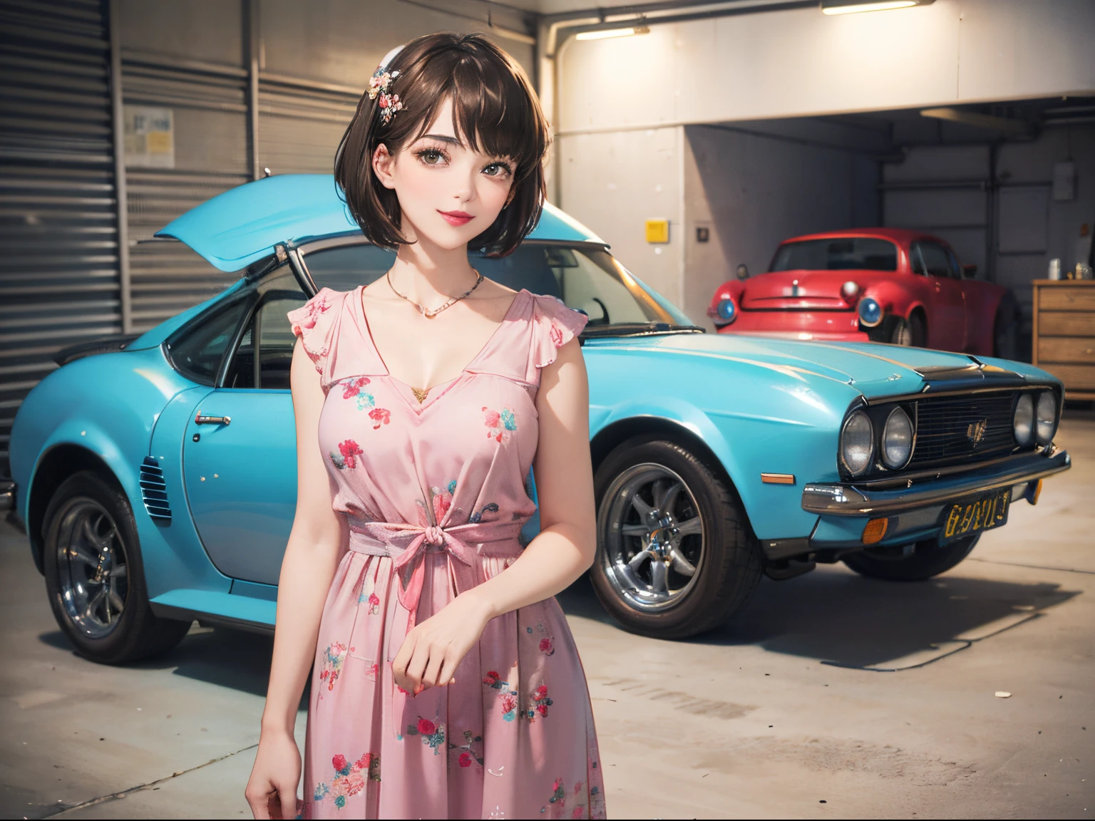 127
(a 20 yo woman,is standing), (A hyper-realistic), (high-level image quality), ((beautiful hairstyle 46)), ((short-hair:1.46)), (Gentle smile), (breasted:1.1), (lipsticks), (florals), (Large garage), (Depth of field is deep), (classic car)