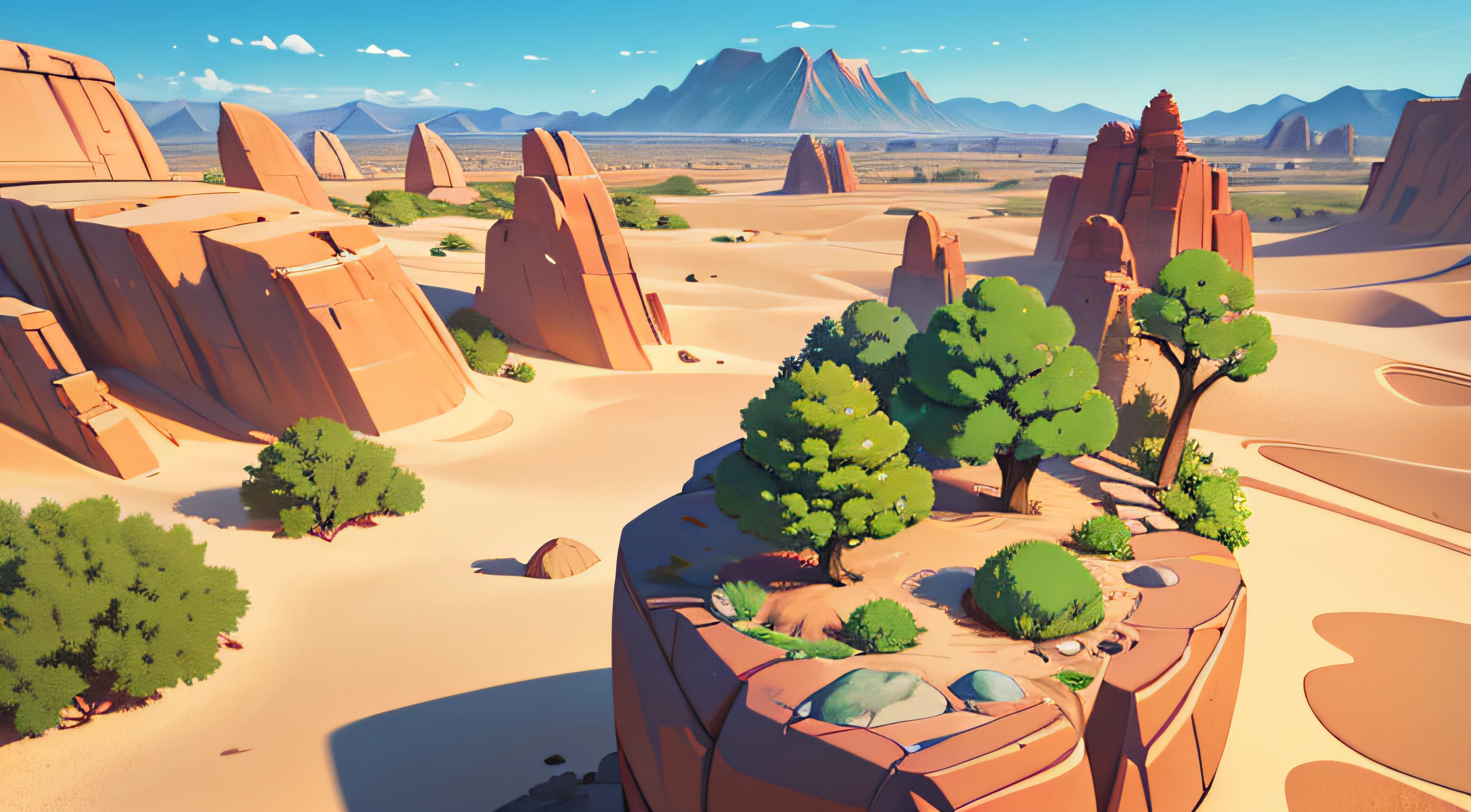 (illustrations : 1.0), photorealistic lighting, HD detail, 夏天, 12pm, desert, huge rock area, rock formations, Lush trees, Rocky terrain, rock formation, top of rocky mountain, rocky terrain on desert sand, Looking down from a high place