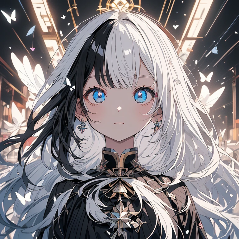 ((​masterpiece、top-quality:1.5、a high chroma:1.5、ultra-detailliert、high-resolution illustrations:1.5、Ultra-high-definition CG、8k size wallpaper、offcial art))、(2girls、twin princess sisters),(yuri),(cute face:1.5)、(clear face:1.3),(Shining eyes:1.5)
 ((black-only color schemeドレス:1.5)), ((white-only color schemeドレス:1.5)),(sexy body),(One is only black and the other is only white),(gypsy dress in contrasting colors),(), ((medium breasts))、
,(The background is a triple structure of bright colors, flowers of various colors, butterflies, and a pentagram,)、midjourney