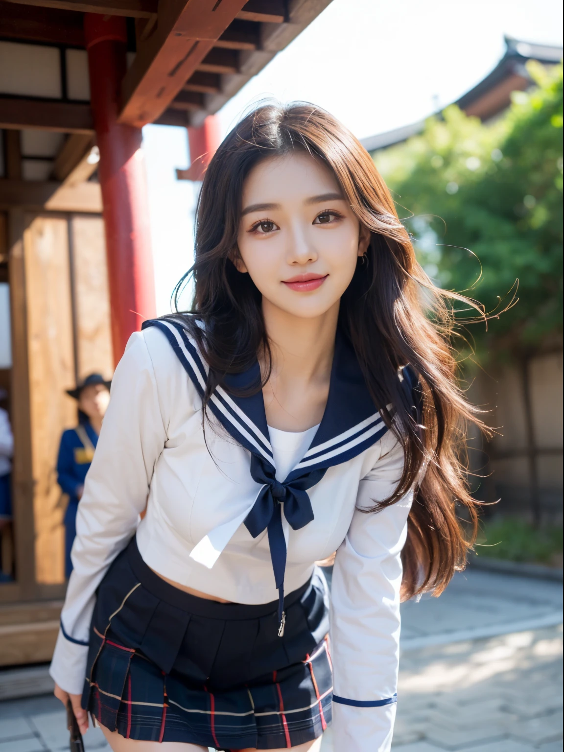 ((((top-quality))))、(((Ultra Precision CG16K Wallpapers)))、(((masterpiece)))、(((ultra-detailliert)))、(((Ultra-extreme details)))、1Man Woman、Underage females、18yo woman、((Korean Face))、((extremely beautiful face))、((K-pop idol、HAERIN:1.5))、((Straight semi-long hair:1.3))、(shinny hair)、Bangs up to the eyebrows、Beautiful brown hair、Beautiful delicate eyes、Brown eyes、raised eyebrows、lofty nose、small nostrils、Small mouth、seductive lips、slightly open mouth、Beautiful breasts、C-cup size breasts、cleavage of the breast、Plump body、perfectly proportions、perfect anatomia、perfect-composition、beautiful detailed shading、Beautiful natural lighting、Beautiful detail glow、depth of fields、(((a high chroma)))、(((realisitic:1.9)))、((Vivid:1.4))、((Beautiful skin))、((Skin texture))、((Realistic skin feeling))、(((cowboy shot:1.5)))、((Frontal angle:1.5))、((a smile:1.4))、(((leaning-forward、view front:1.5)))、(Eyes looking at me)、Bright sunshine、(((square:1.5)))、(Blur the background)、(((Japanese high school girl wearing uniform、Sailor suit wearing:1.5)))、(((Tartan check miniskirt clothing:1.5)))、