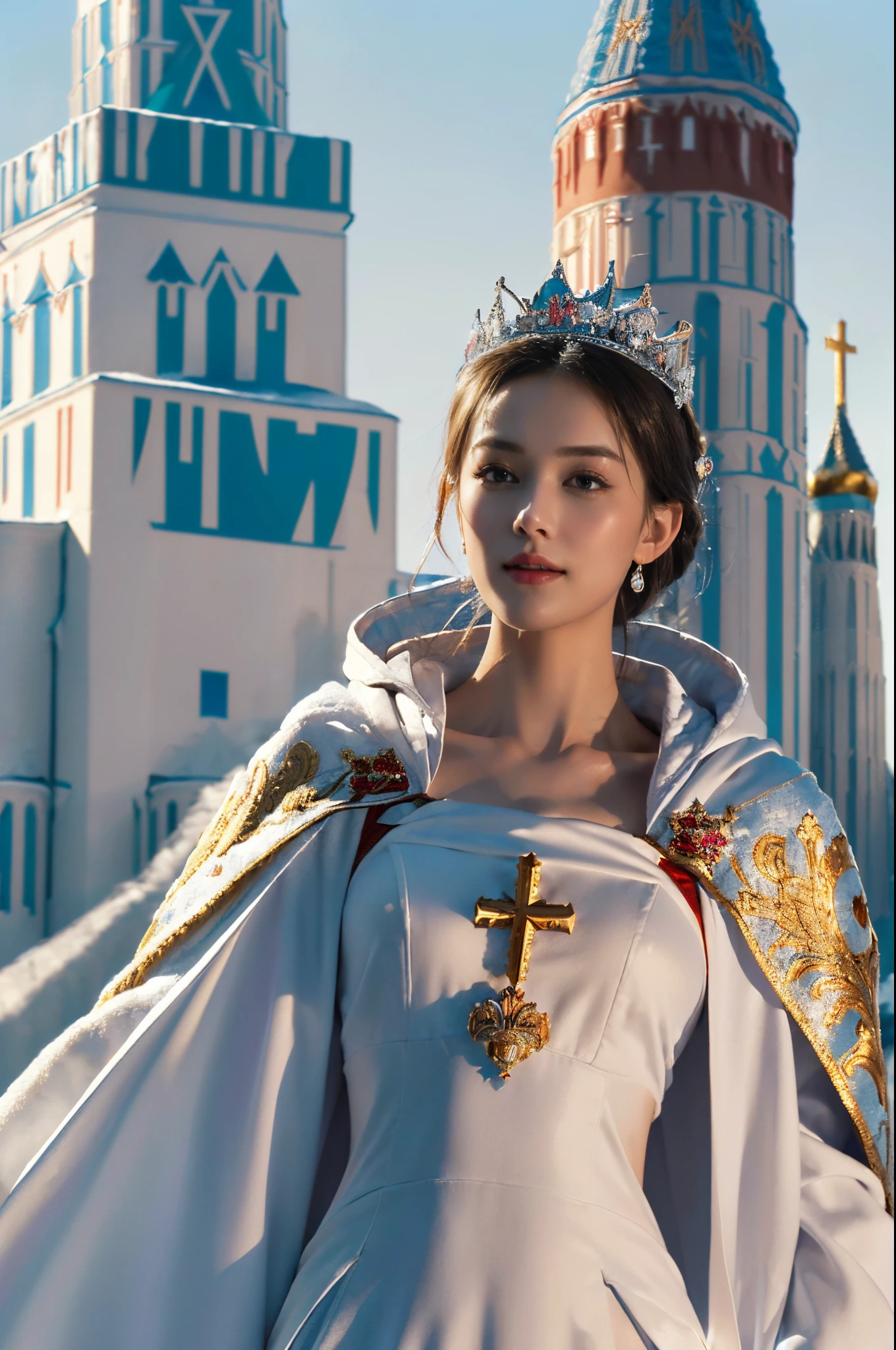 (((8k))),(Extremely meticulous CG) ,(wallpaper),16k,(Extremely refined and beautiful），（Masterpiece:2.0），（best qualtiy:2.0），（Ultra High Resolution：1.0），beautiful light up，Perfect lightning，realistic shaded，[A high resolution],(Smooth and flawless fair skin:1.5),(Extremely exquisite facial details),(perfect body:1.1),ultra - detailed,A beautiful girl,small head,small face,clear face,(pale skin),happy,smile,((bun hair)),(Small breasts:1.1),Flat chests,slim,thin,Smile,happy,(magnificent crown:1.2),(magnificent cloak with Russian flag pattern:1.3),(underneath the cloak was Maxi Gorgeous Rococo style Empress gown with Russian flag pattern:1.3),(Slender legs:1.2),(cleavage,clavicle),(Crystal high heels:1.1),outdoor,from front,(snowing:1.1),winter,day scene,((snow scape)),rime,Azure sky,Clean cloud,In Moscow City,(Standing in front of a huge Russian cathedral:1.5),(close-up of upper body:1.3)