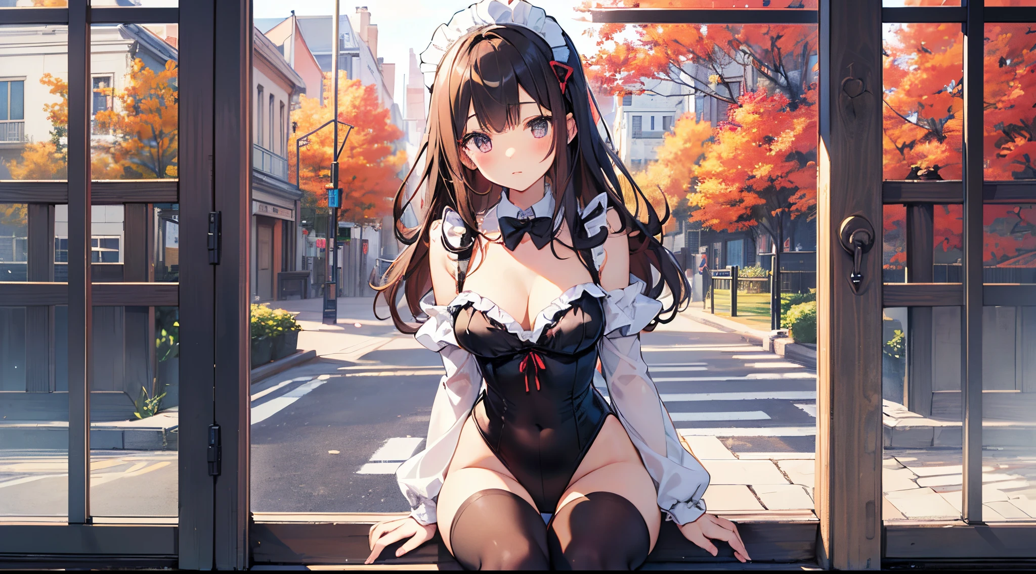 (((Beautiful illustration、top-quality、cute petit girl、Perfect limbs:1.3、Perfect fingers:1.3、perfect anatomia:1.3)))、(transform sequence)、((maid style leotard))、sixteen years old、Slender beautiful girl、Fractal Art、baby-face、((stright long hair))、big drooping eyes、red blush、Perplexed、Full Body Display、(tights)、Party Venue、