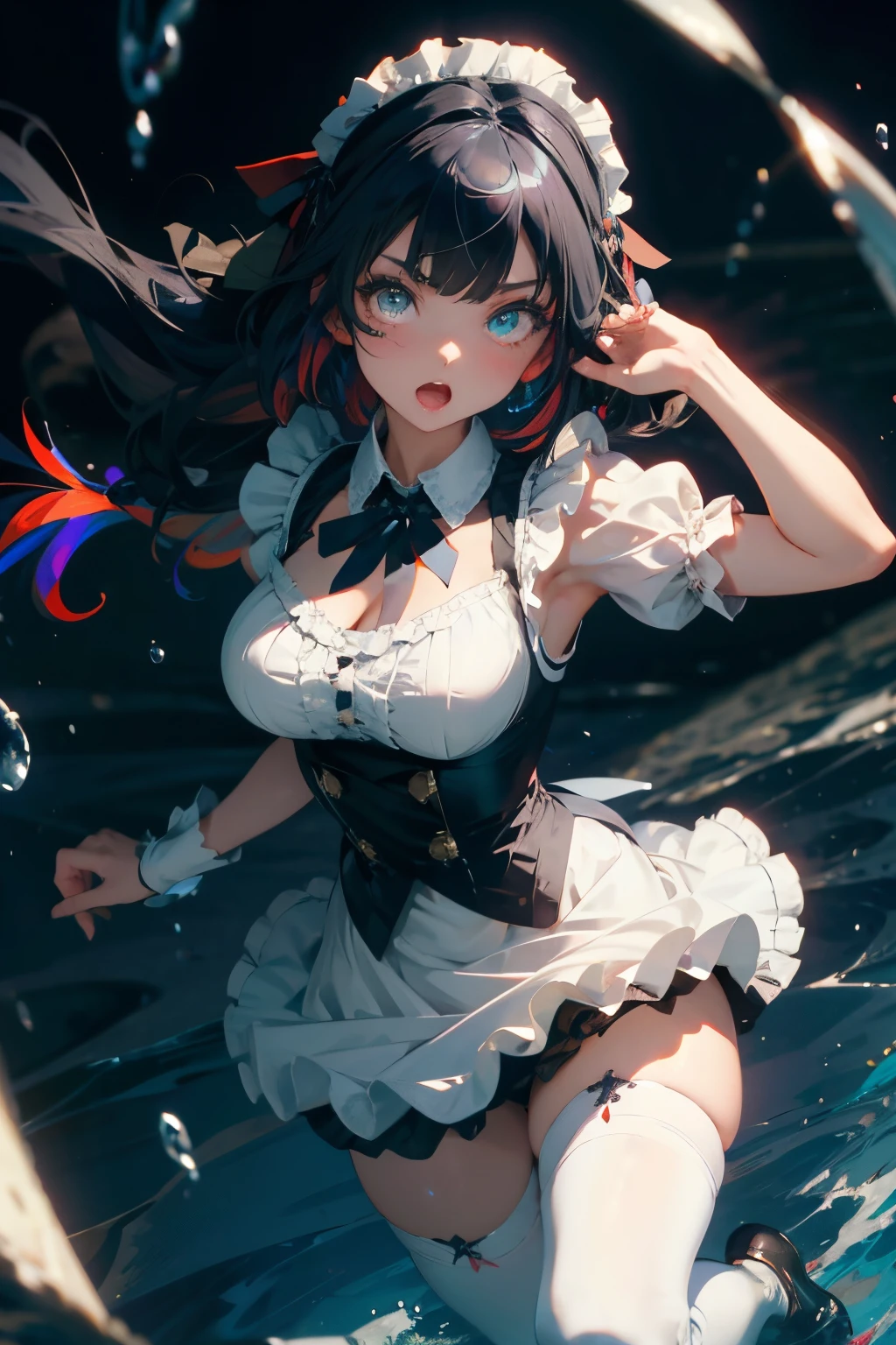 masterpiece, (bestquality), highlydetailed, ultra-detailed, (aqua eyes), (black hair), (blunt bangs), (breasts), (cheshire:1.5), (azur lane), (dress), (eyebrows visible through hair), (frilled ribbon), (frills), (hairband), (looking at viewer), (maid), (maid headdress), (multicolored hair), (open mouth), (ribbon), (solo), (streaked hair), (thighhighs), (white legwear), (white panties)