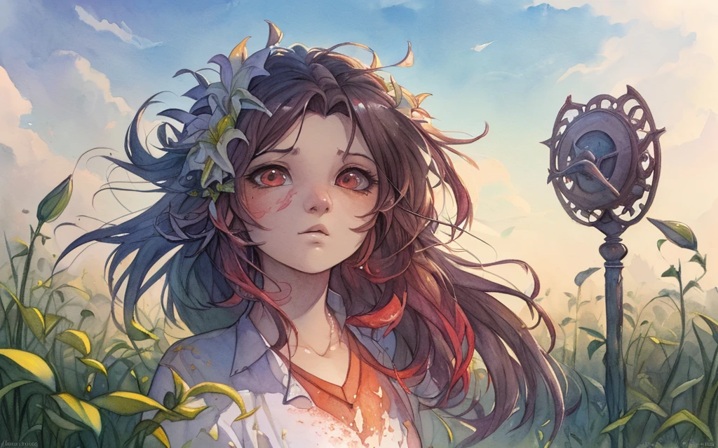 Color style, Digital art (the lilies), offcial art, blown away by the wind, tmasterpiece, The beautiful, ((aquarelle)), paint splatter, Complicated details. Very detailed, [drippy:0.5], Hot topics on artstation, Rachel Walker