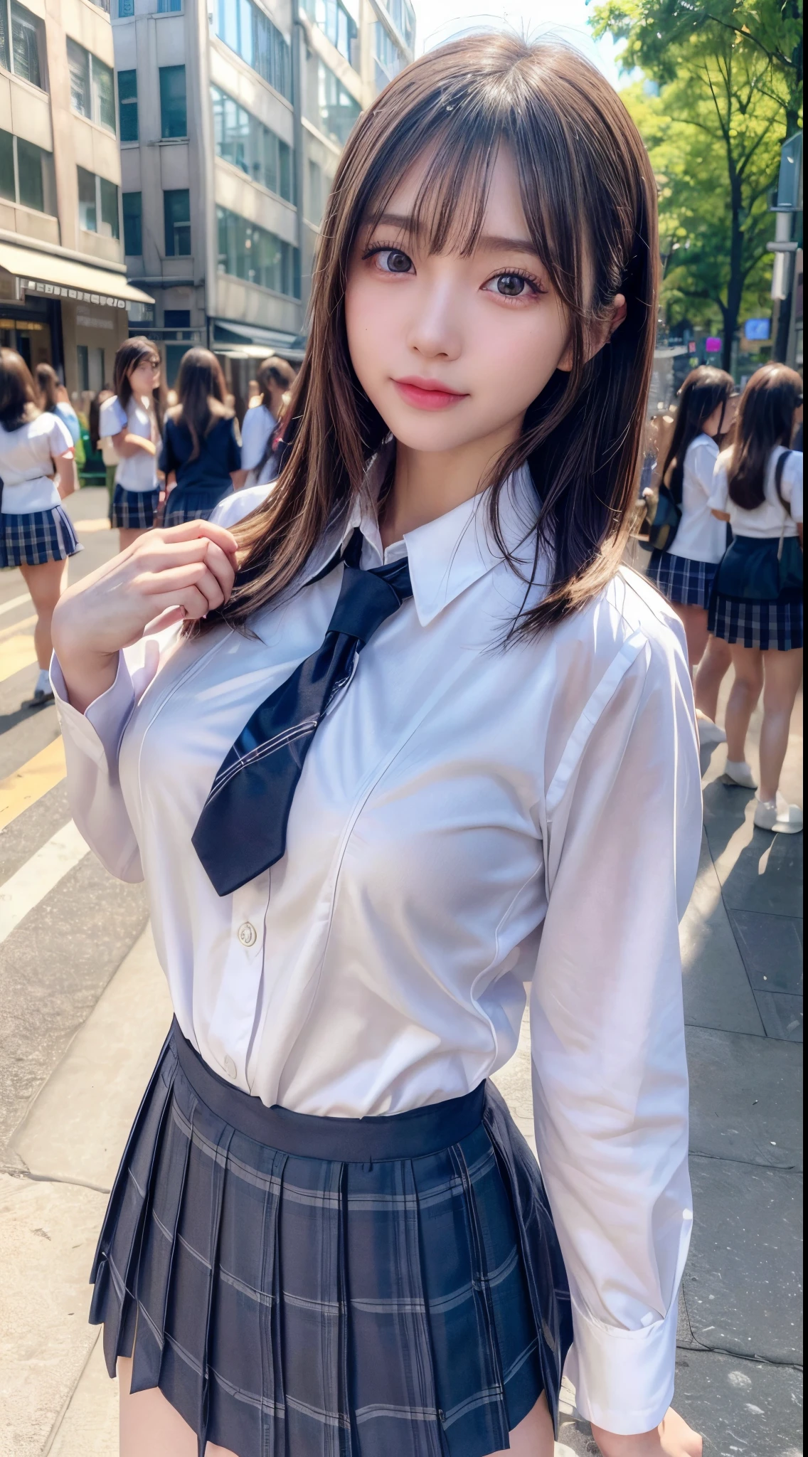 (8k, RAW photo, best quality, masterpiece:1.2), (realistic, photo-realistic:1.4), (extremely detailed 8k wallpaper), sharp focus, depth of field, bocinematic lighting, soft light,detailed beauty eyes,shiny smooth light brown long bob hair, asymmetrical bangs, shiny skin, super detailed skin,high resolution, high detailing, detailed hairstyle, detailed beauty face, hyper realistic, perfect limbs, perfect ??????? ,1 japanese girl,famous Japanese idol, perfect female body, large breasts,smile,short eyelashes,double-edged eyelid,long bob hair, (school uniform : 1.3), looking at viewer, (Crowded city streets:1.3),cowboy shot