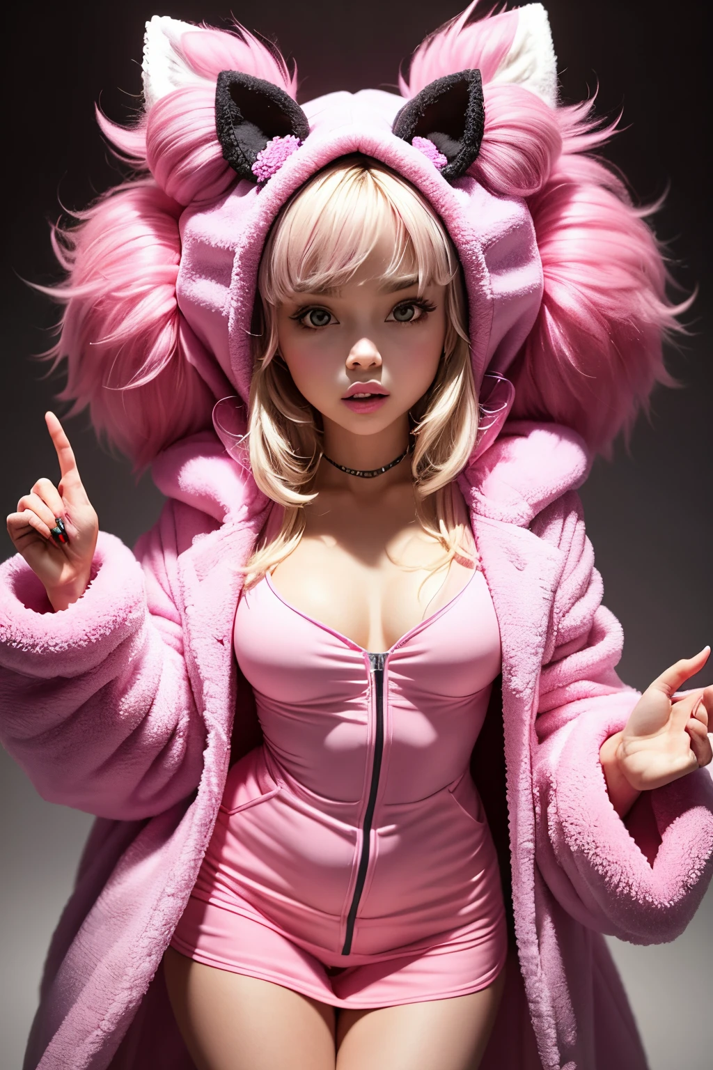 a woman in a pink robe standing in front of a white background, coat for a rave, stylish coat for a rave, pink fur, coat for a rave with fur, neon pink, pink fluffy fur, wearing a pink hoodie, hot pink, furry style, pink clothes, some pink, pink girl, fluffy ebay product, ((pink)), fur coat, fluffy