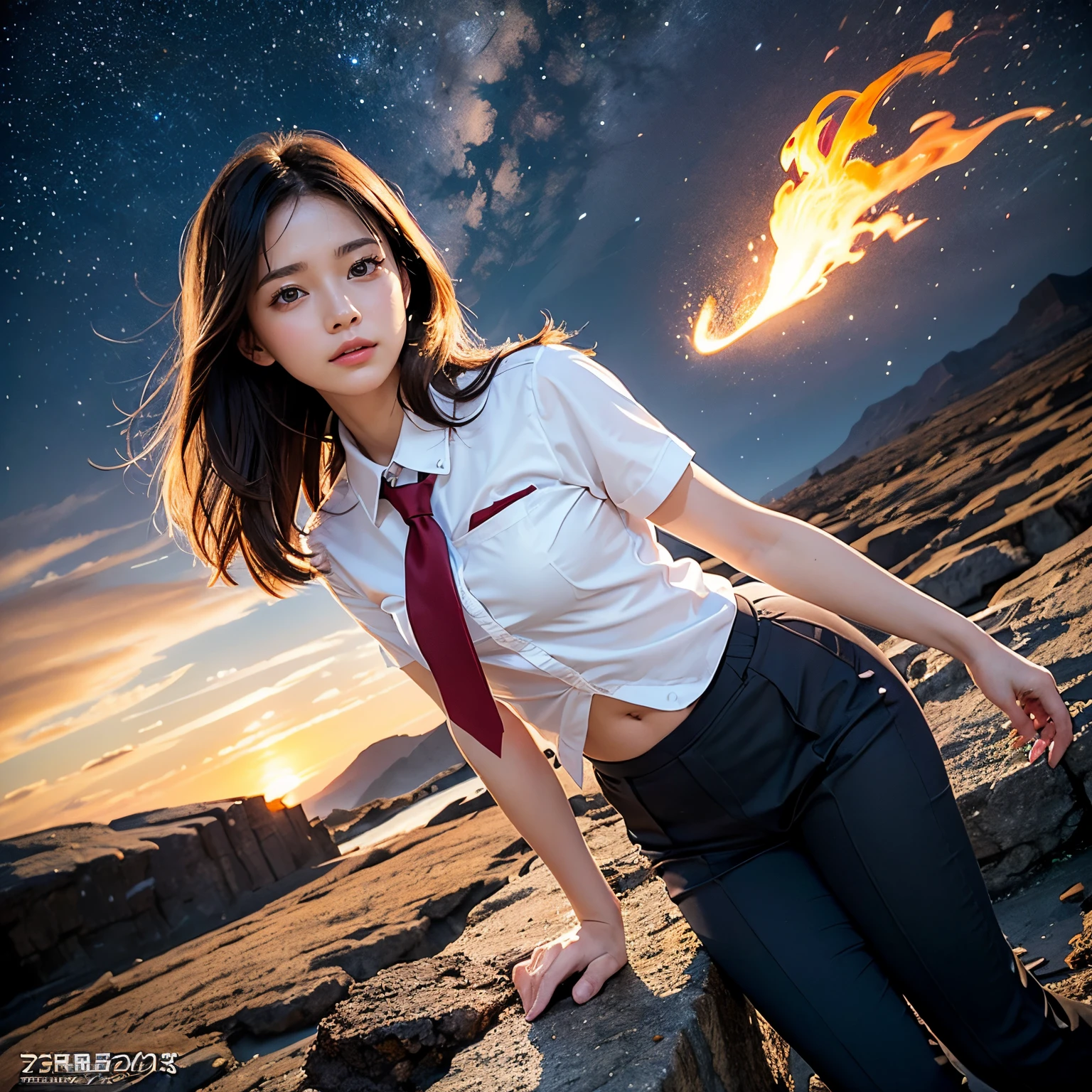 (masutepiece, Best Quality:1.2), 8K, Official art, Wearing a suit、Five Fingers、Full body photo, full body Esbian、Suit Beauty、Big Dipper in the background、star explosion、Beautiful barefoot woman with dark hair, hold a flame in your right hand、I'm holding a snowstorm in my left hand、Bright lava light rises above the broken Earth from beneath the asteroid belt(Jagged rock rocks and fragments shot into the air:1.3) (Storm of windy dust debris:1.1) Volume fogmist by trace Z、It can allow bright light from below to pass through、 (masterpiece) (top-quality) (detaileds) (8K) (电影灯光) (foco nítido) (Convoluted)A dark-haired、14years、small tits、A delightful、A smile、unbelievable Ridiculous, (a beauty girl, Pretty Face, arching back down, Gold hair ornament on hair、Wearing a cute suit、close up, Wearing a suit, Short sleeve, gardenia, violaceaess, space system, Looking at Viewer, Film grain, chromatic abberation, Sharp Focus, face lights, Dynamic lighting, Cinematic lighting, Eyes and faces with detailed, Bokeh background, (Tie with Emma written on it、1 copy:1.2)