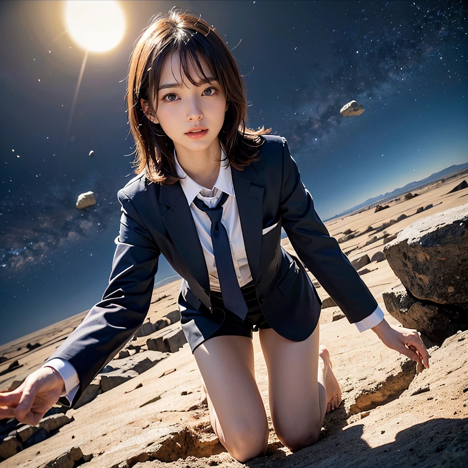 (masutepiece, Best Quality:1.2), 8K, Official art, Wearing a suit、Five Fingers、Full body photo, full body Esbian、Suit Beauty、Big Dipper in the background、star explosion、Beautiful barefoot woman with dark hair, hold a flame in your right hand、I'm holding a snowstorm in my left hand、Bright lava light rises above the broken Earth from beneath the asteroid belt(Jagged rock rocks and fragments shot into the air:1.3) (Storm of windy dust debris:1.1) Volume fogmist by trace Z、It can allow bright light from below to pass through、 (masterpiece) (top-quality) (detaileds) (8K) (电影灯光) (foco nítido) (Convoluted)A dark-haired、14years、small tits、A delightful、A smile、unbelievable Ridiculous, (a beauty girl, Pretty Face, arching back down, Gold hair ornament on hair、Wearing a cute suit、close up, Wearing a suit, Short sleeve, gardenia, violaceaess, space system, Looking at Viewer, Film grain, chromatic abberation, Sharp Focus, face lights, Dynamic lighting, Cinematic lighting, Eyes and faces with detailed, Bokeh background, (Tie with Emma written on it、1 copy:1.2)