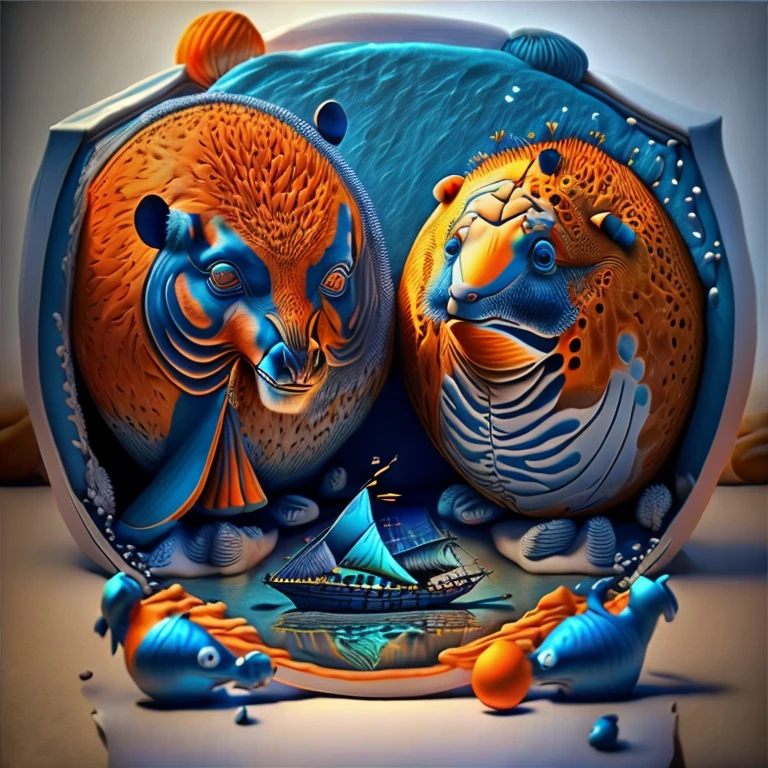 Capsuled, framed, Balloon Animals,Balloon animals,sailboat animal, round animals, picasso, blue, orange, grey,(best quality,4k,8k,highres,masterpiece:1.2),ultra-detailed,(realistic,photorealistic,photo-realistic:1.37),HDR,UHD,studio lighting,ultra-fine painting,sharp focus,physically-based rendering,extreme detail description,professional,vivid colors,bokeh,picasso,blue,orange,grey,portraits,landscape attention：Original art by Tupu.