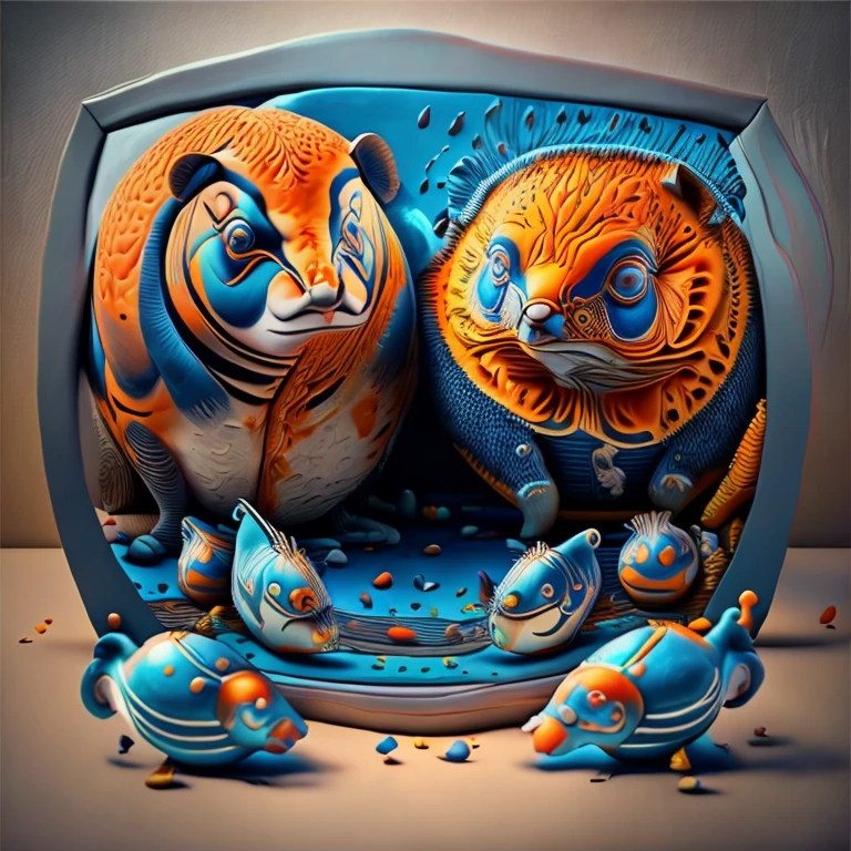 Capsuled, framed, Balloon Animals,Balloon animals,sailboat animal, round animals, picasso, blue, orange, grey,(best quality,4k,8k,highres,masterpiece:1.2),ultra-detailed,(realistic,photorealistic,photo-realistic:1.37),HDR,UHD,studio lighting,ultra-fine painting,sharp focus,physically-based rendering,extreme detail description,professional,vivid colors,bokeh,picasso,blue,orange,grey,portraits,landscape attention：Original art by Tupu.