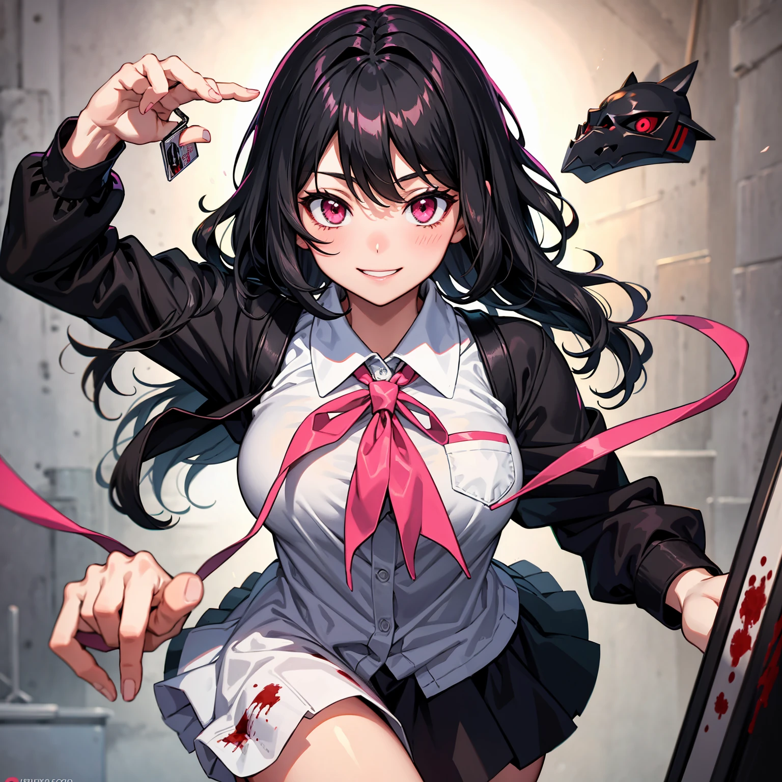 Anime girl with short black wavy hair and pink eyes smiling yandere with bloody school uniform and mask on her hand Hd
