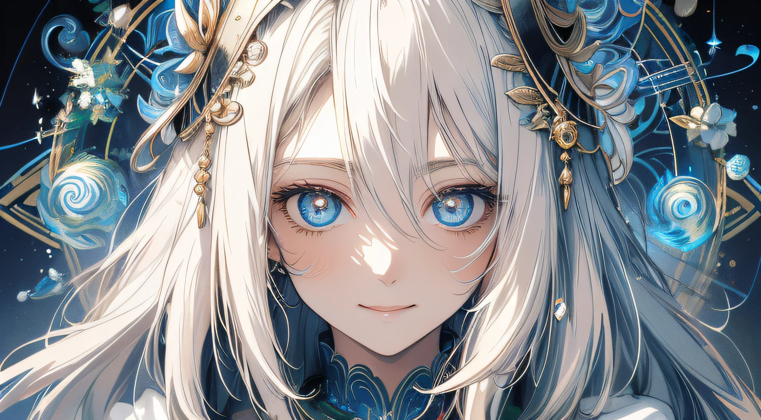 ​masterpiece: 1.7, top-quality、(Highly detailed CG、ultra-detailliert、Best Shadow:1.3)、独奏、Painterly、sketch、Paper texture、超A high resolution、extra detailed face、Highly detailed eyes、flat-colors、limited pallete、highcontrast、realisitic、The best lighting、goddes、Graceful、Leprechaun、a matural female、Beautuful Women、Jewel Eyes、White hair、Straight hair、blue gemstone、a little bit smile、blanche:1.5、(Zentangle、a Mandala、Tangle、Entangle:1)、beast of light on the background、summoner、Sacred Beast、wolves