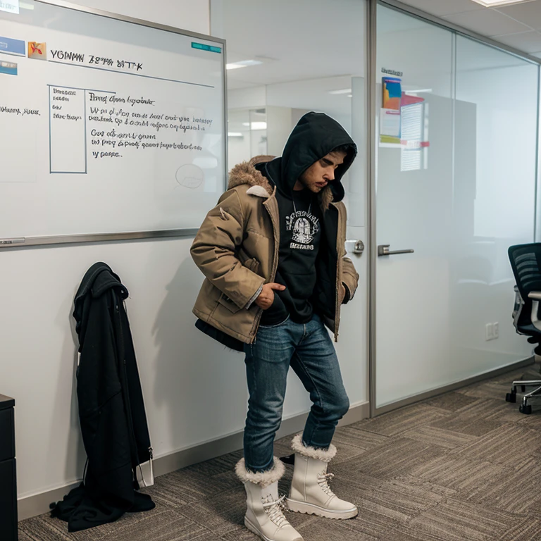 Gay new York man wearing ugg boots and a fluffy hooded jacket writing on a whiteboard in an office