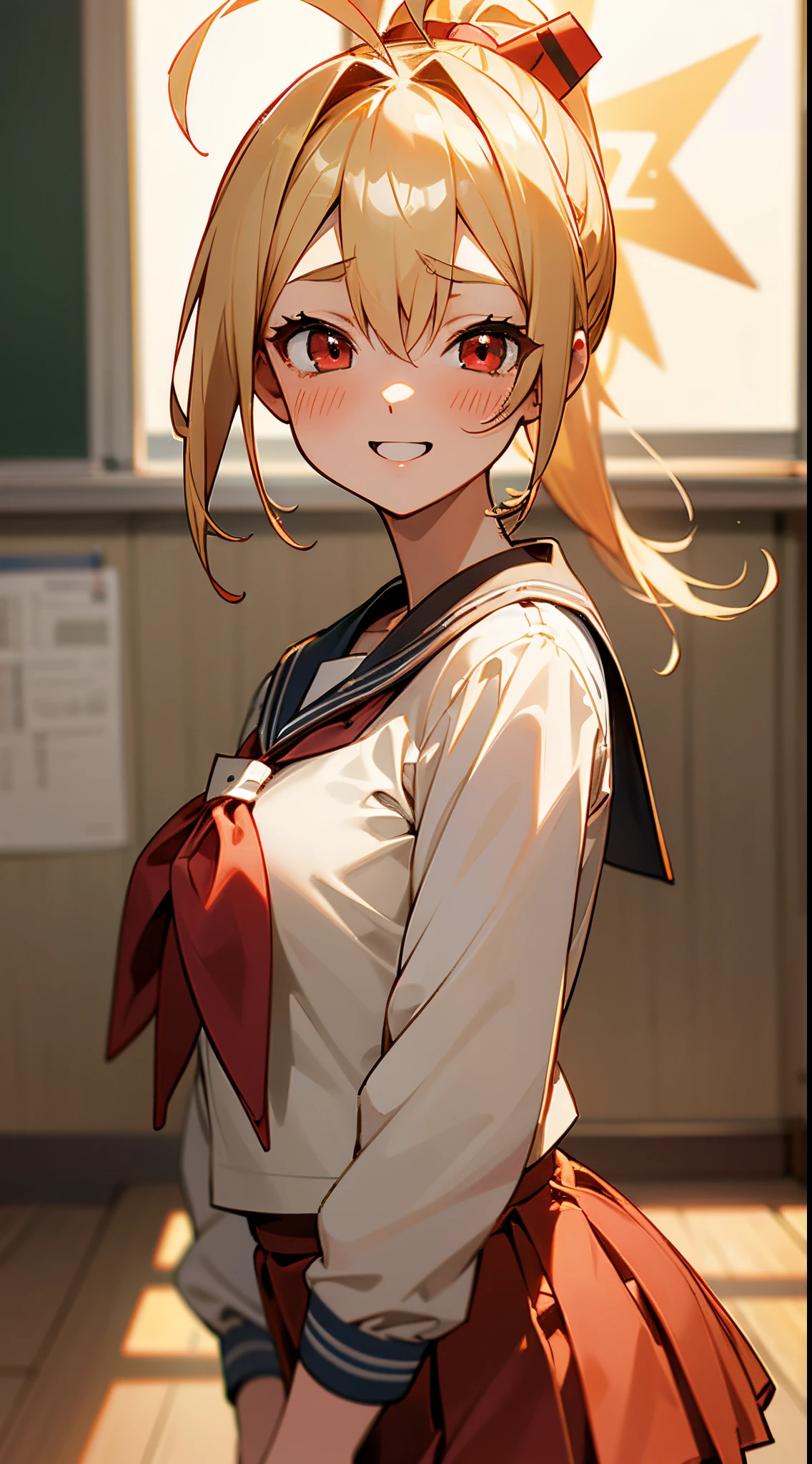 1 girl, Blonde ponytail、Ahoge、big round red eyes、small tits, shinny skin、a sailor suit、Pleated miniskirt、Inside the classroom、Schools、Evening glow、blurry backround, warm tone, Laugh, happily laughing, Upper body close-up, Anime style, Wallpaper