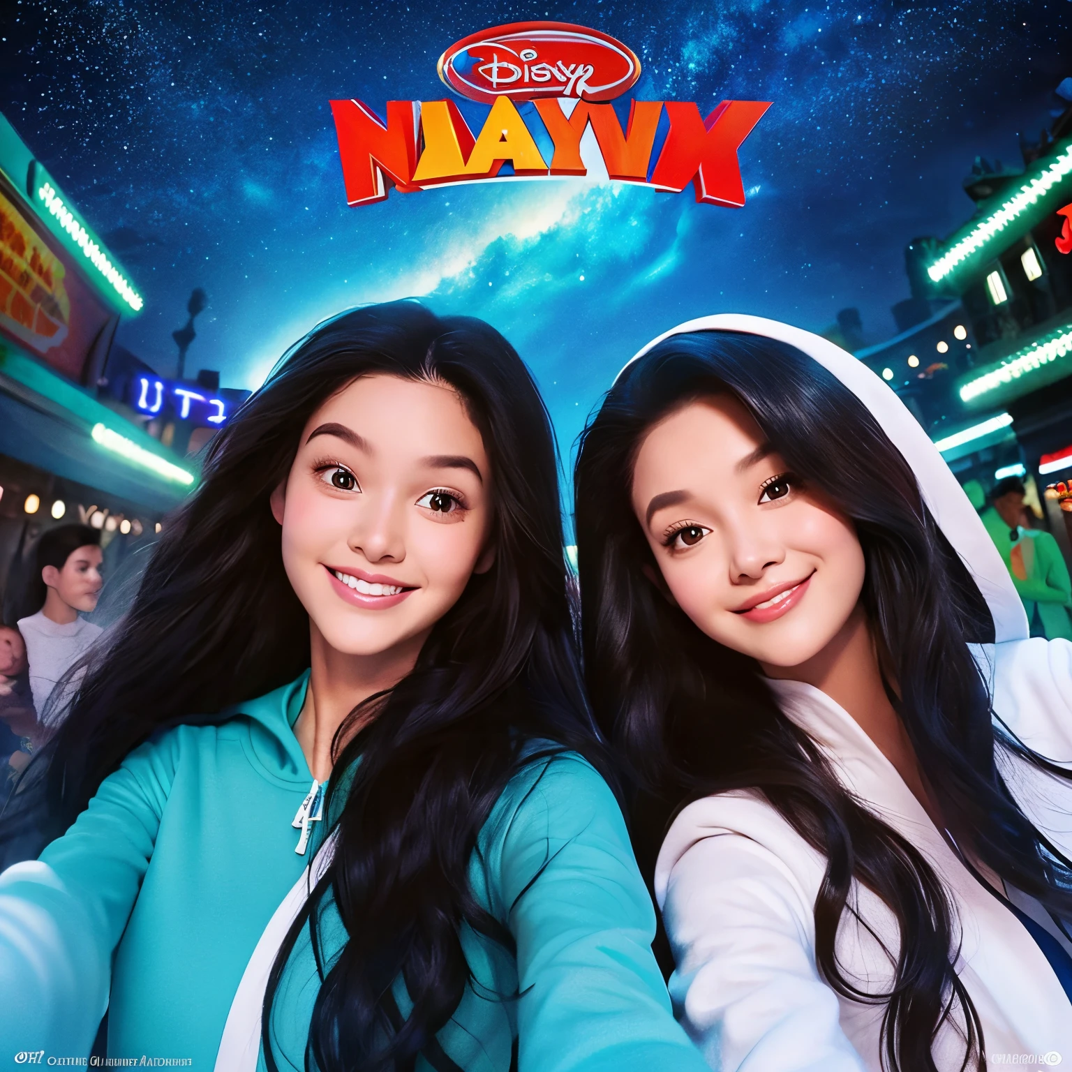 A Disney Pixar poster showing a selfie with the background at night.。The girl on the right is wearing a white outerwear and has her hair down.。The girl on the left is wearing black outerwear and has her hair down.。They both have their faces close together