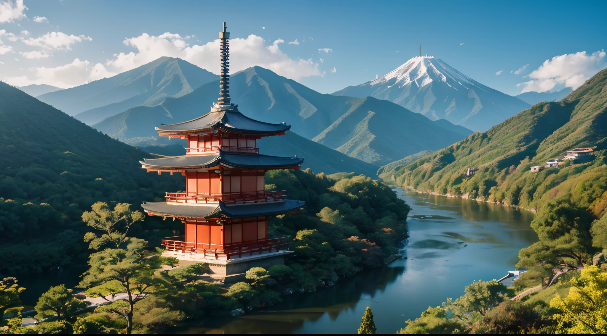 (A Japanese temple standing on top of a mountain): : (overlooking a valley with a river flowing through it): : 2: : Cinematic: : photo by Elizabeth Gadd: : 2, hd--s 10000--c 100