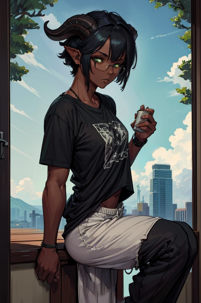 (Masterpiece) (High Detail) (High Res) (Black Skin) Looking from above A young black humanoid FutEred with dark skin and ebony flesh and green eyes and short black hair and goat ears and short dark goat horns and a toned teen body and small to average breasts dressed like a nerdy punk wearing a loose t-shirt and sweatpants and glasses