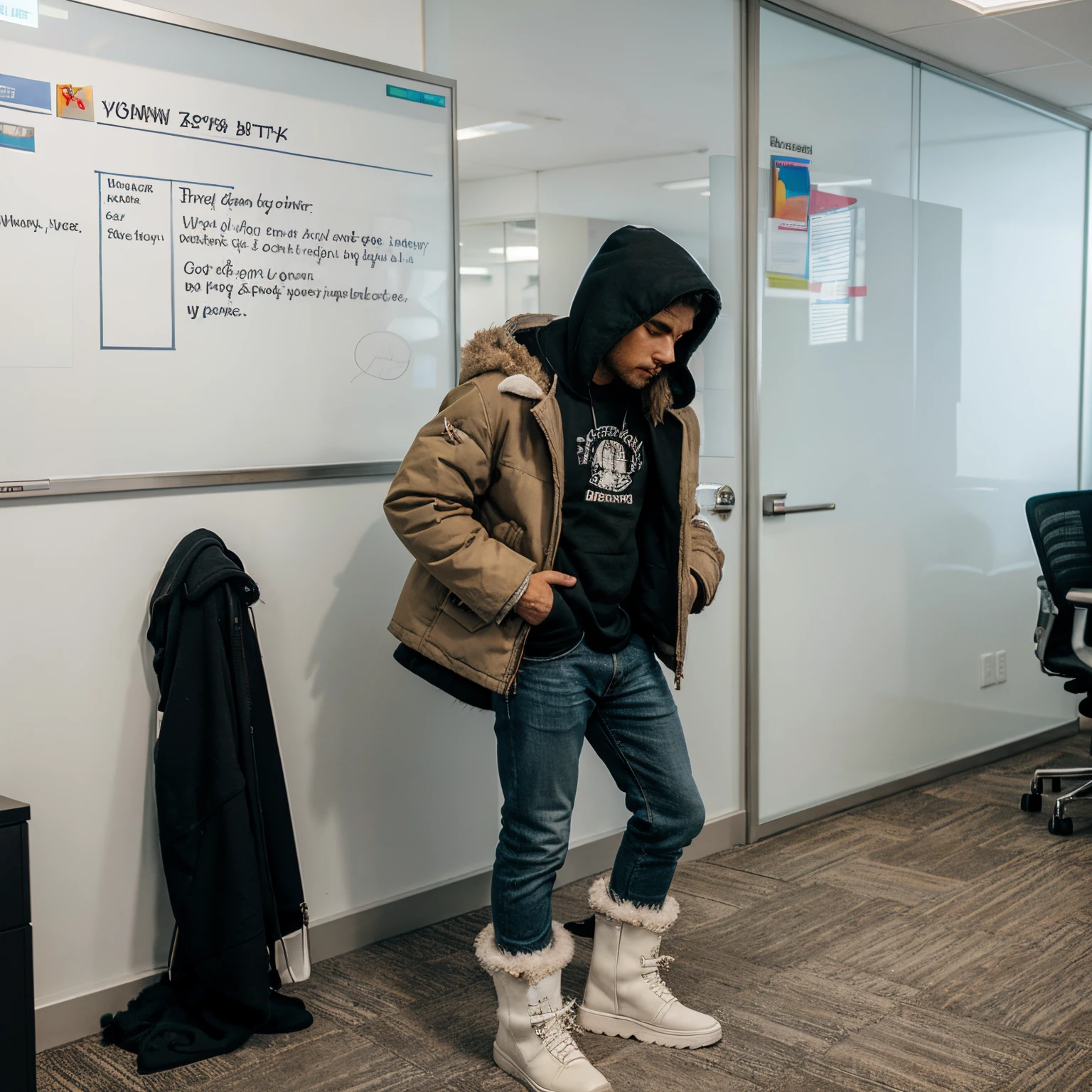 Gay new York man wearing ugg boots and a fluffy hooded jacket writing on a whiteboard in an office