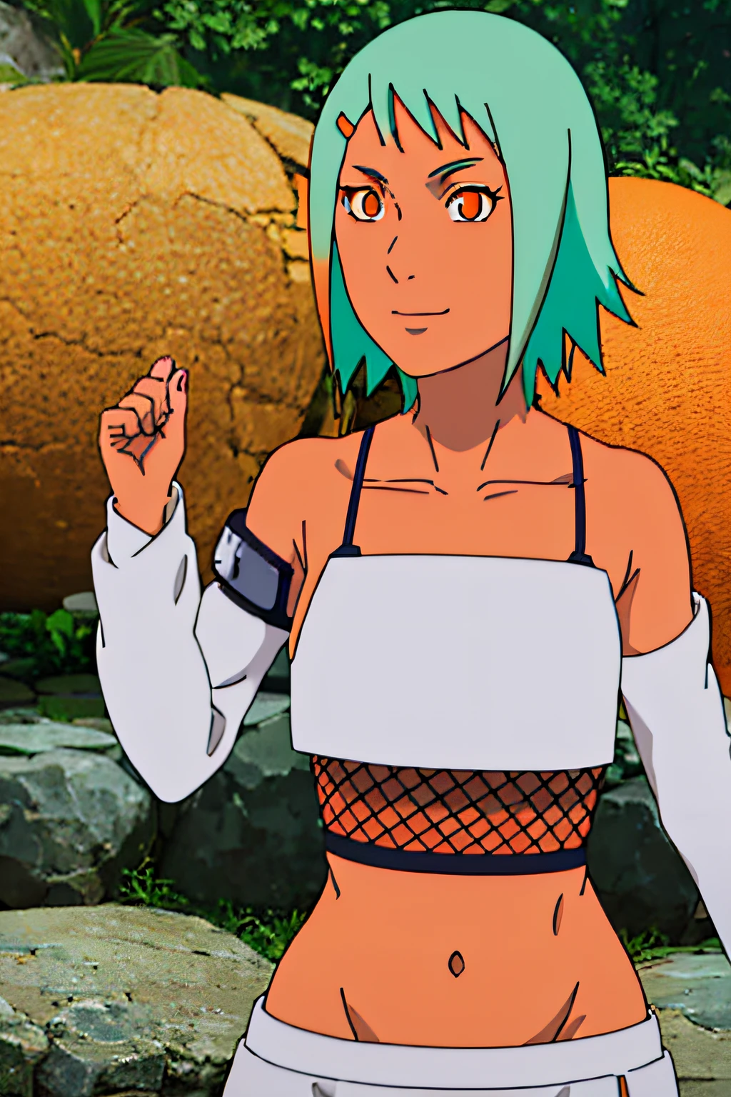 FUU, SHORT HAIR, HAIR ORNAMENT, (ORANGE EYES:1.3), HAIRCLIP, AQUA HAIR, SKIRT, NAVEL, DETACHED SLEEVES, MIDRIFF, CROP TOP, FISHNETS, BARE SHOULDERS, COLLARBONE, 1girl, solo, facing viewer, looking at viewer, upper body, smile