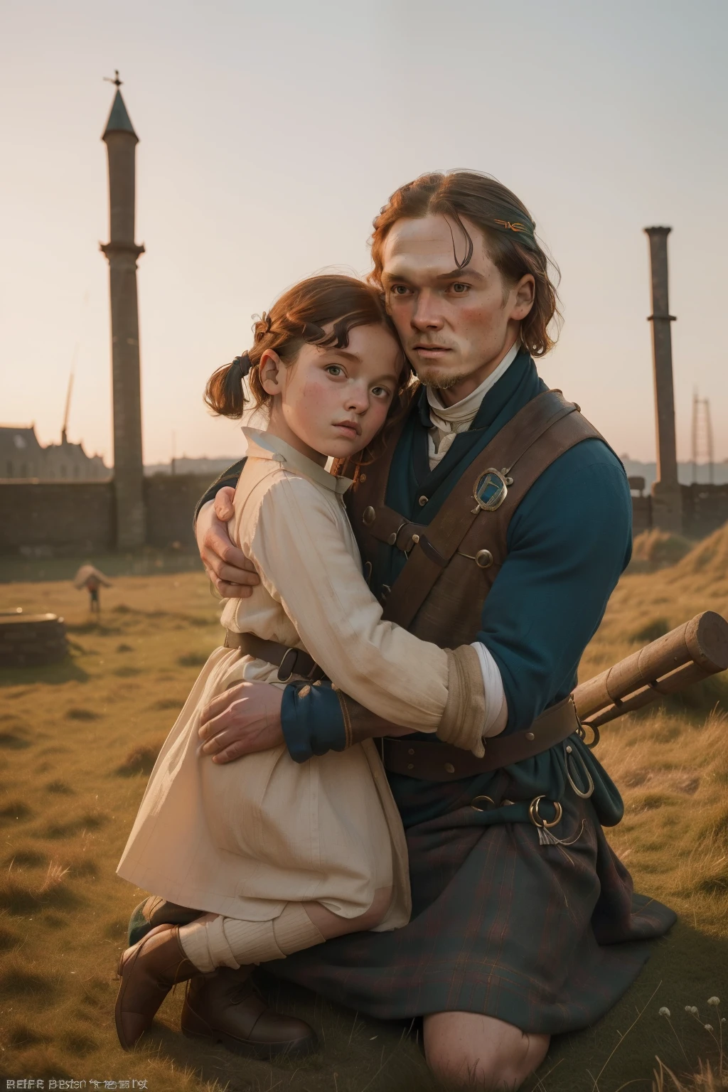 1135, England. scene with an otherworldly outdoors construction site, (((36-year-old Sam Heughan))), hugging a  7-year-oirl, k of relief, ((((poor tunic from the 12th century)))), ((Hairstyle of the 12th century)), ((Wes Anderson cinematic style)), colorful