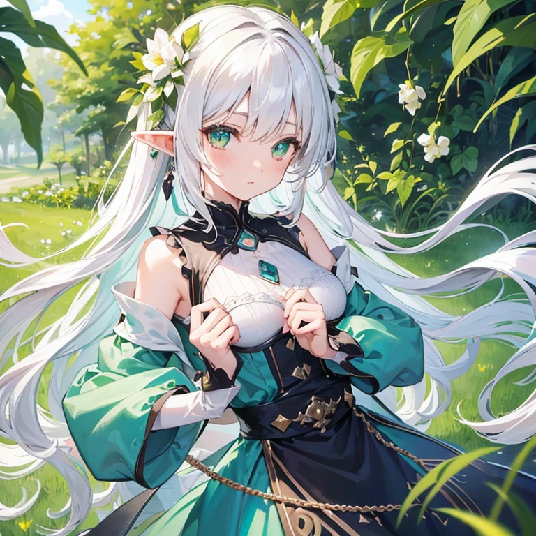 Beautiful little girl, Dolce, full bodyesbian,White hair,Green eyes,elf-ears,masterpiece,Flowing hair,length hair,I hid my sadness,dress simple,Being in a flower garden,goddes,2D Beautiful Girl,illustratio,high-level image quality,mystical,Pointed ears,childish,Comics,quadratic element,Grass god,Fantastical,Shining eyes