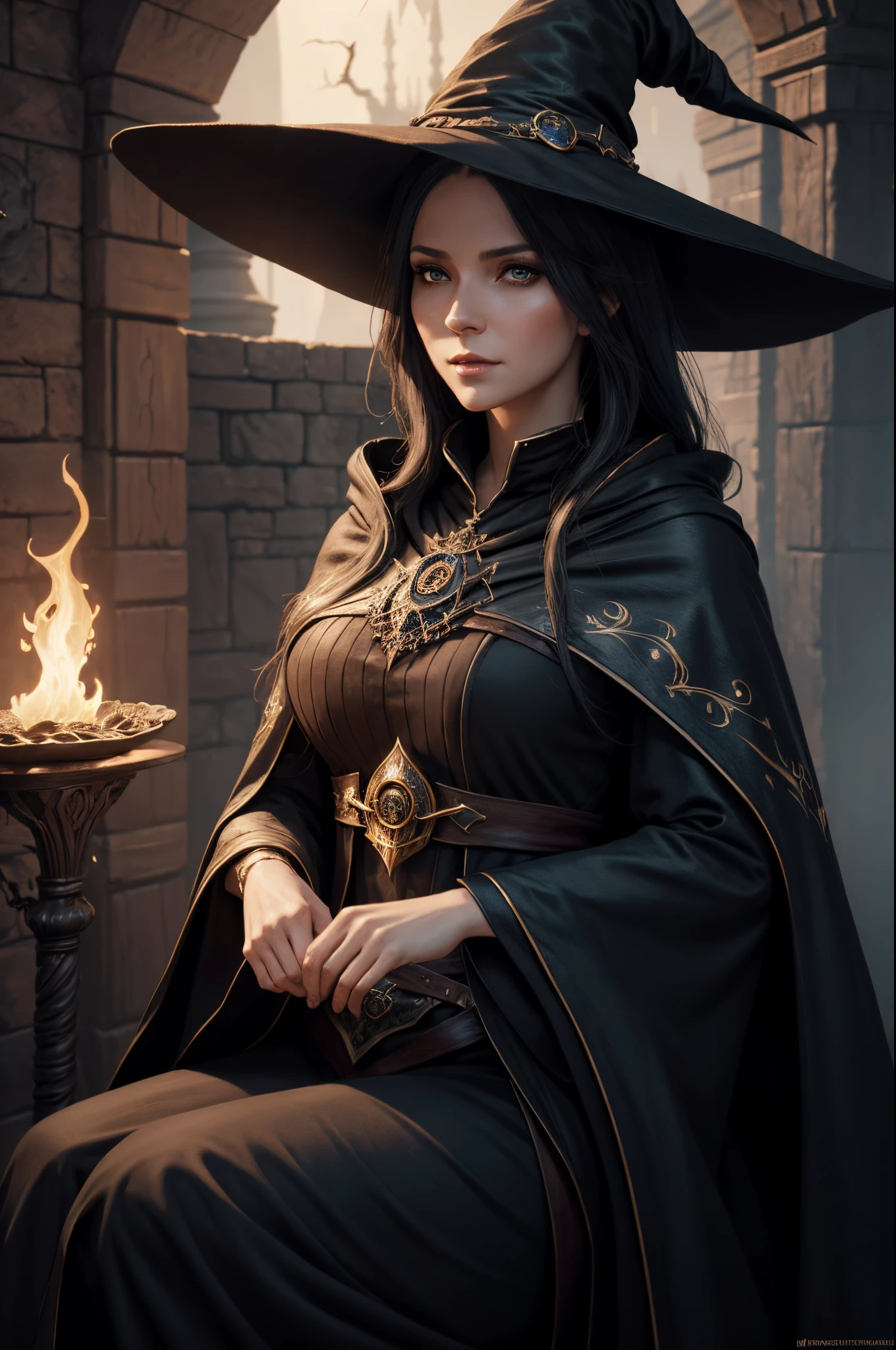 Witch in hat and cloak poses for photo, Fantasy Art Style, Stunning character art, fantasy concept art portrait, 4K fantasy art, portrait of a female mage, epic fantasy art style, epic fantasy art portrait, Fantasyart, Alexandra Fomina Artstation, 8k fantasy art, beautiful sorceress, epic exquisite character art