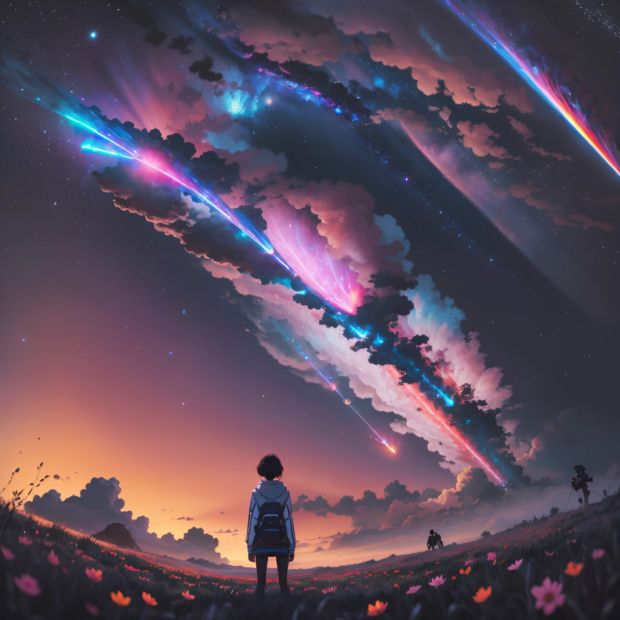 top-quality:1.4、、neon light、城市、1girl、1girl in、Girl from a distance、Wearing hoodie 、Stargazing at the stars、(zoomout:1.1)、(Meteor swarm:1.2)、(comets:1.1)、low angles、from the rear、spaceships flying around 、Surrounded by petals、Standing in the field、top-quality、masterpiece、clouds、colourful、starry sky, a robot in foreground --auto --s2