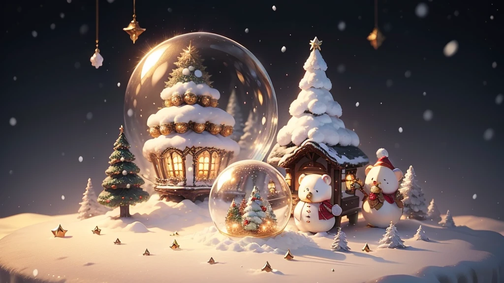 Cute Christmas scene snow globe、ornament detached、golds、Plata、Pure white、verdant、reddish、retro vibes、Fairy tale、Chibi Bear、muffler、Cute、It's snowing brightly、beautiful snowy landscape