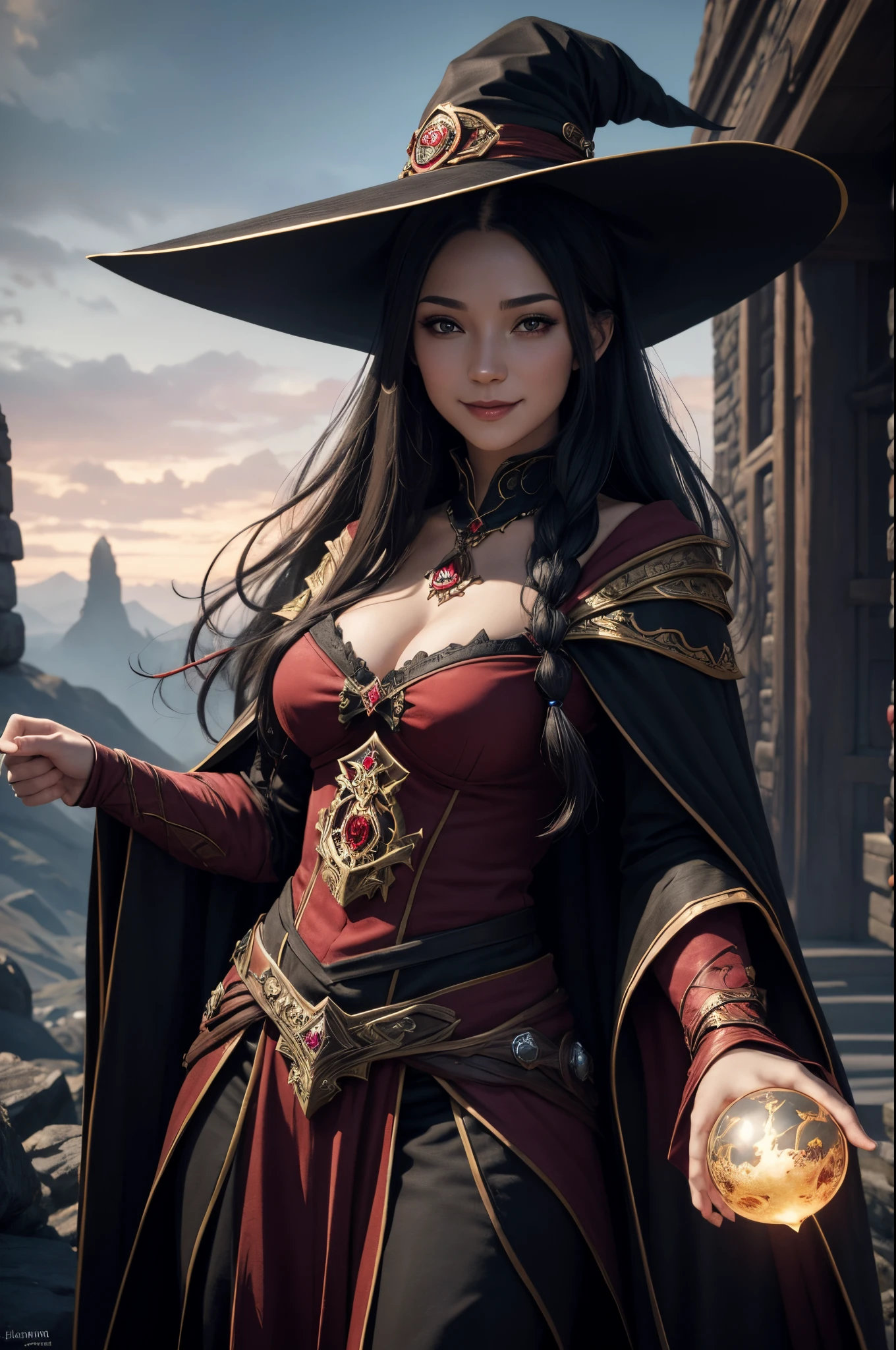 8K,A witch in a hat and cloak poses for a smiling photo, red and black costume,Fantasy Art Style, Stunning character art, fantasy concept art portrait, 4K fantasy art, portrait of a female mage, epic fantasy art style, epic fantasy art portrait, Fantasyart, Alexandra Fomina Artstation, 8k fantasy art, beautiful sorceress, epic exquisite character art,超A high resolution,big red gem talisman,