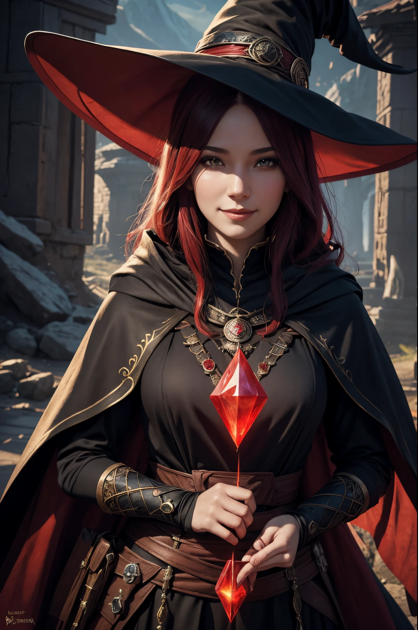 8K,A witch in a hat and cloak poses for a smiling photo, red and black costume,Fantasy Art Style, Stunning character art, fantasy concept art portrait, 4K fantasy art, portrait of a female mage, epic fantasy art style, epic fantasy art portrait, Fantasyart, Alexandra Fomina Artstation, 8k fantasy art, beautiful sorceress, epic exquisite character art,超A high resolution,big red gem talisman,
